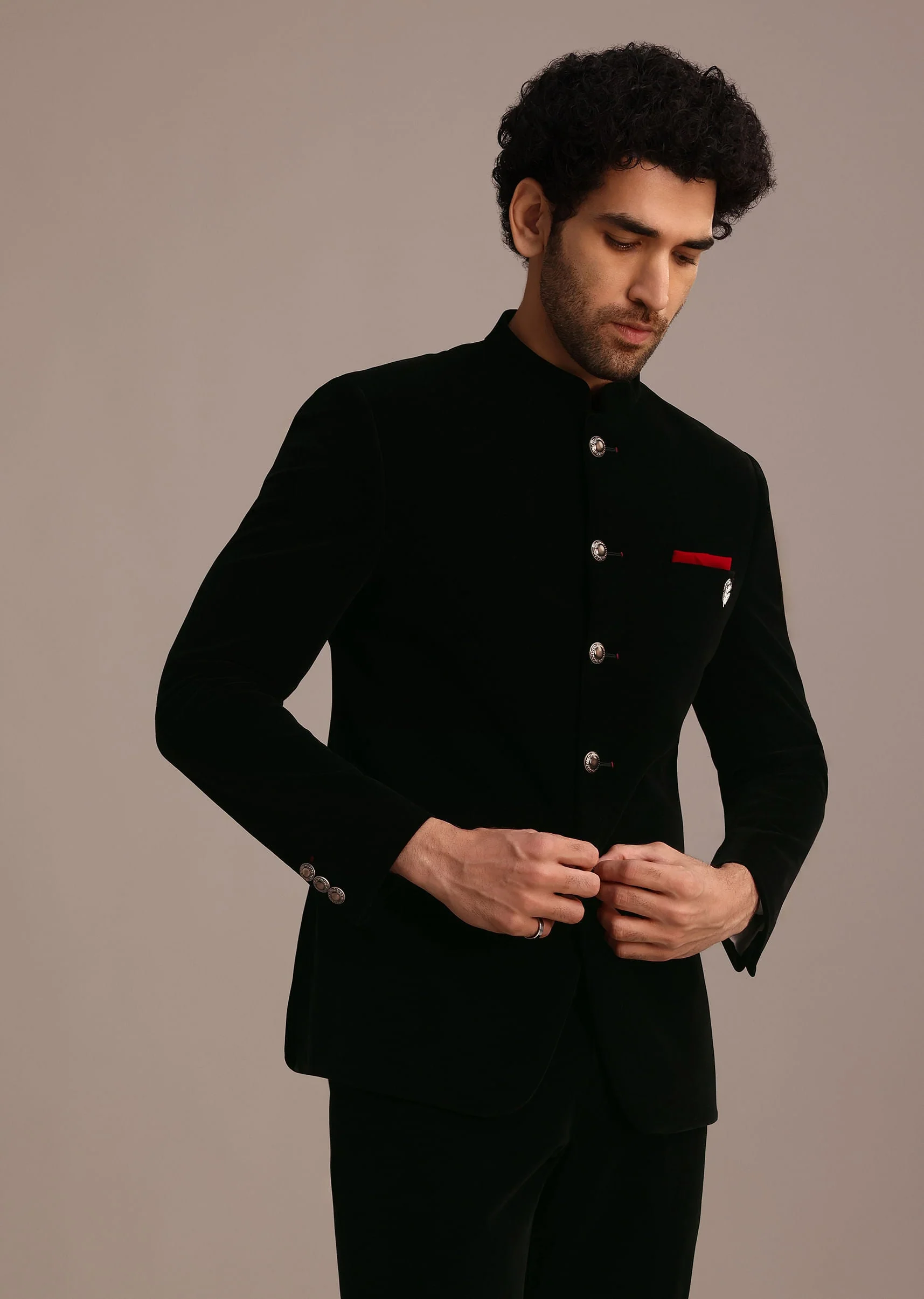 Black Velvet Jodhpuri Set with Pocket Square - Image 4