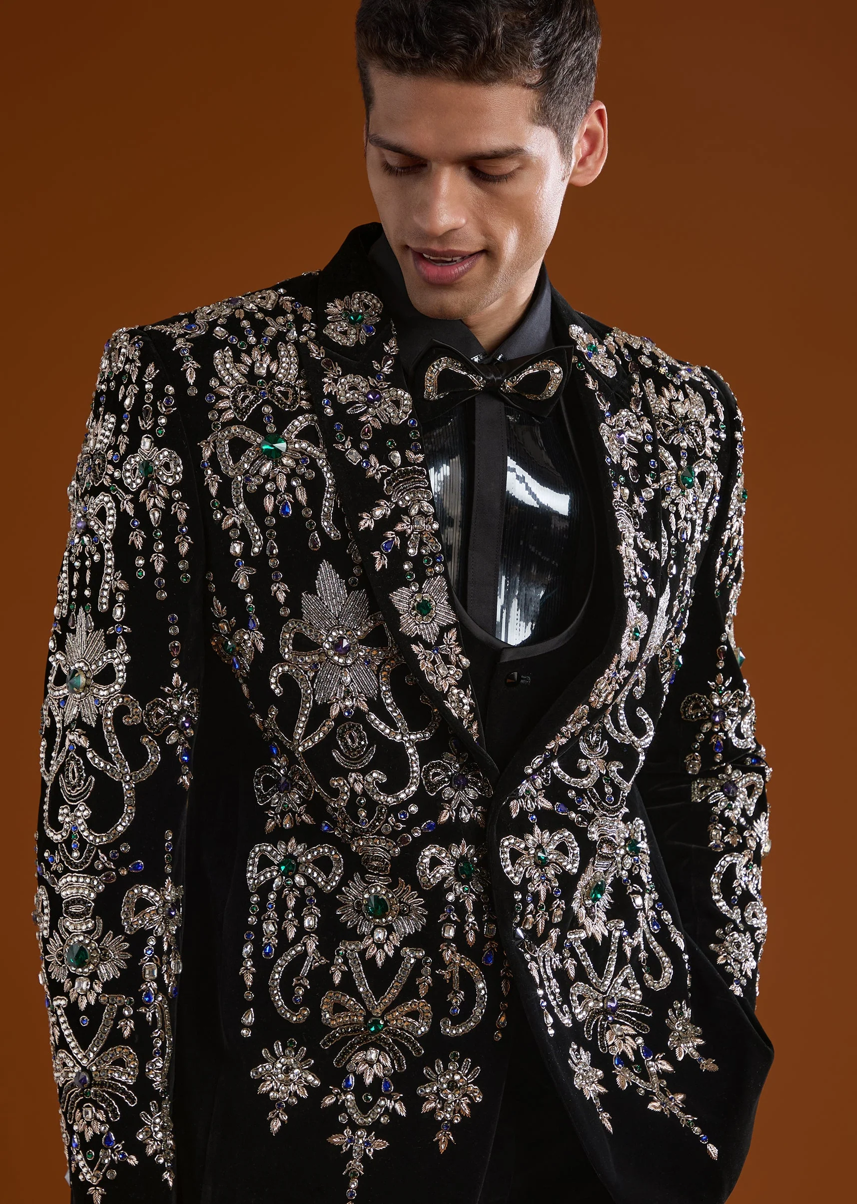 Black Velvet Mens Tuxedo With Stone Zari Cut Dana And Thread Work - Image 2