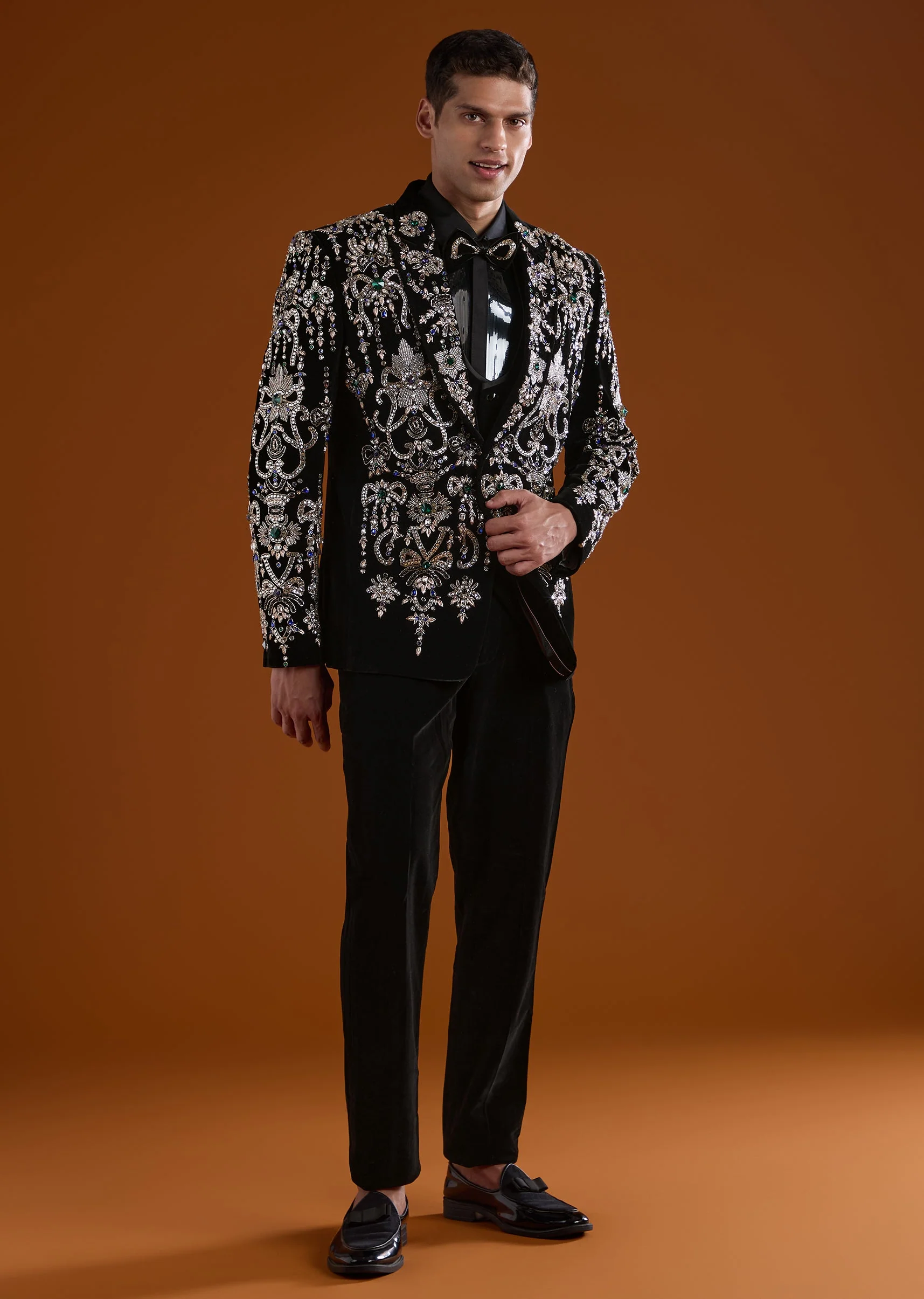 Black Velvet Mens Tuxedo With Stone Zari Cut Dana And Thread Work - Image 3