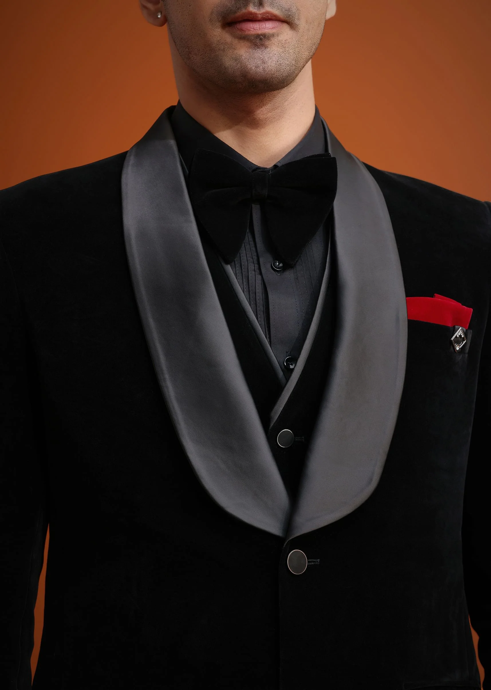 Black Velvet Tuxedo Set With Waistcoat And Bow - Image 2