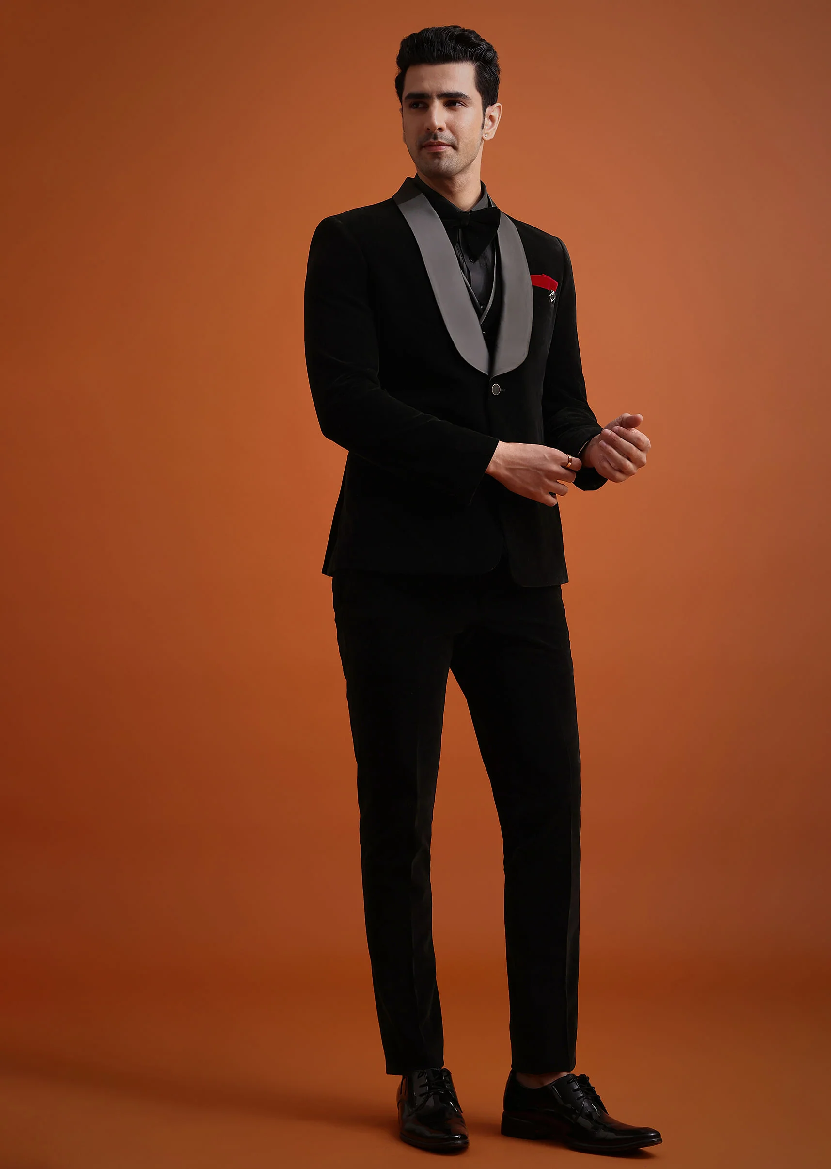 Black Velvet Tuxedo Set With Waistcoat And Bow - Image 3