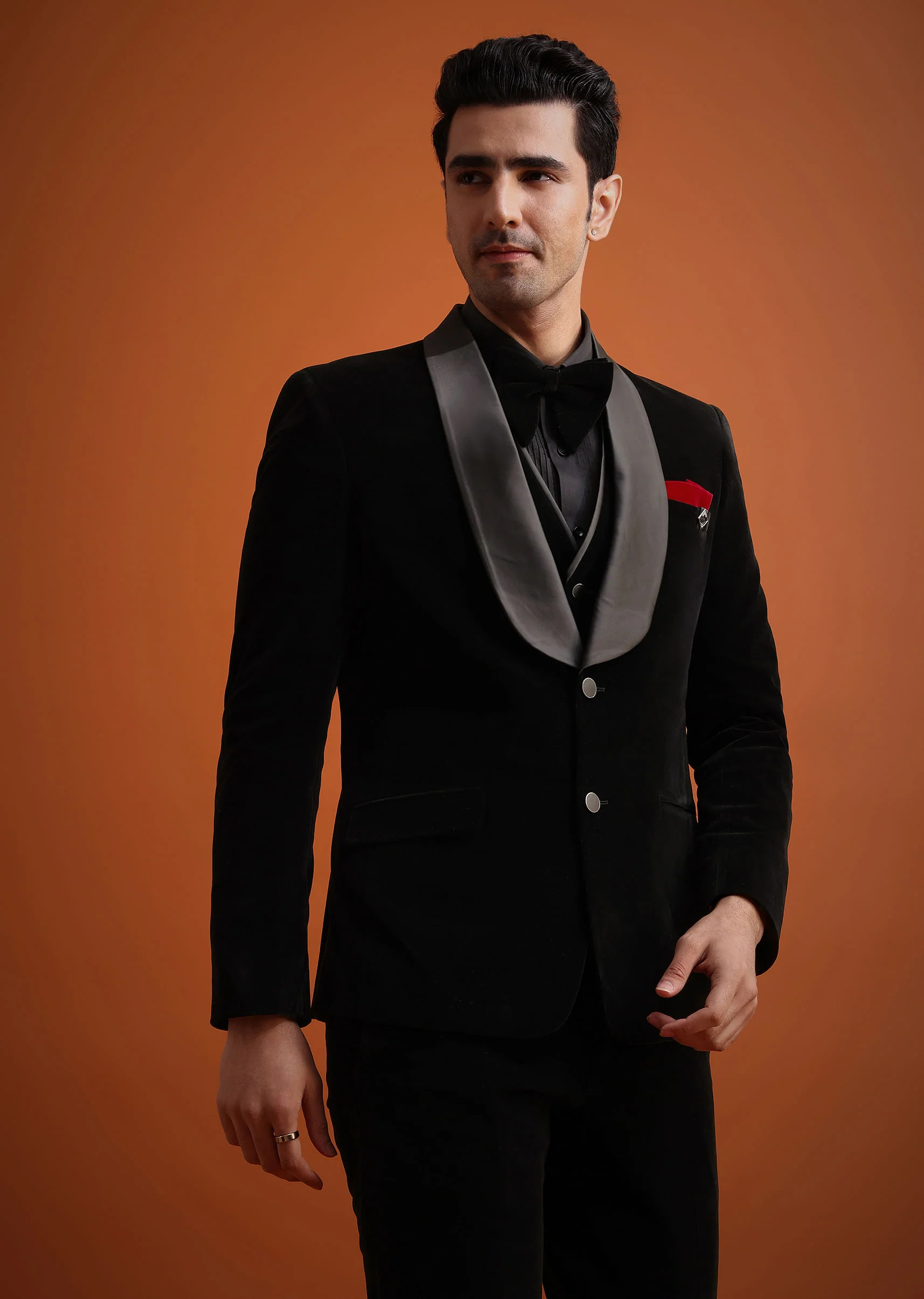 Black Velvet Tuxedo Set With Waistcoat And Bow - Image 4