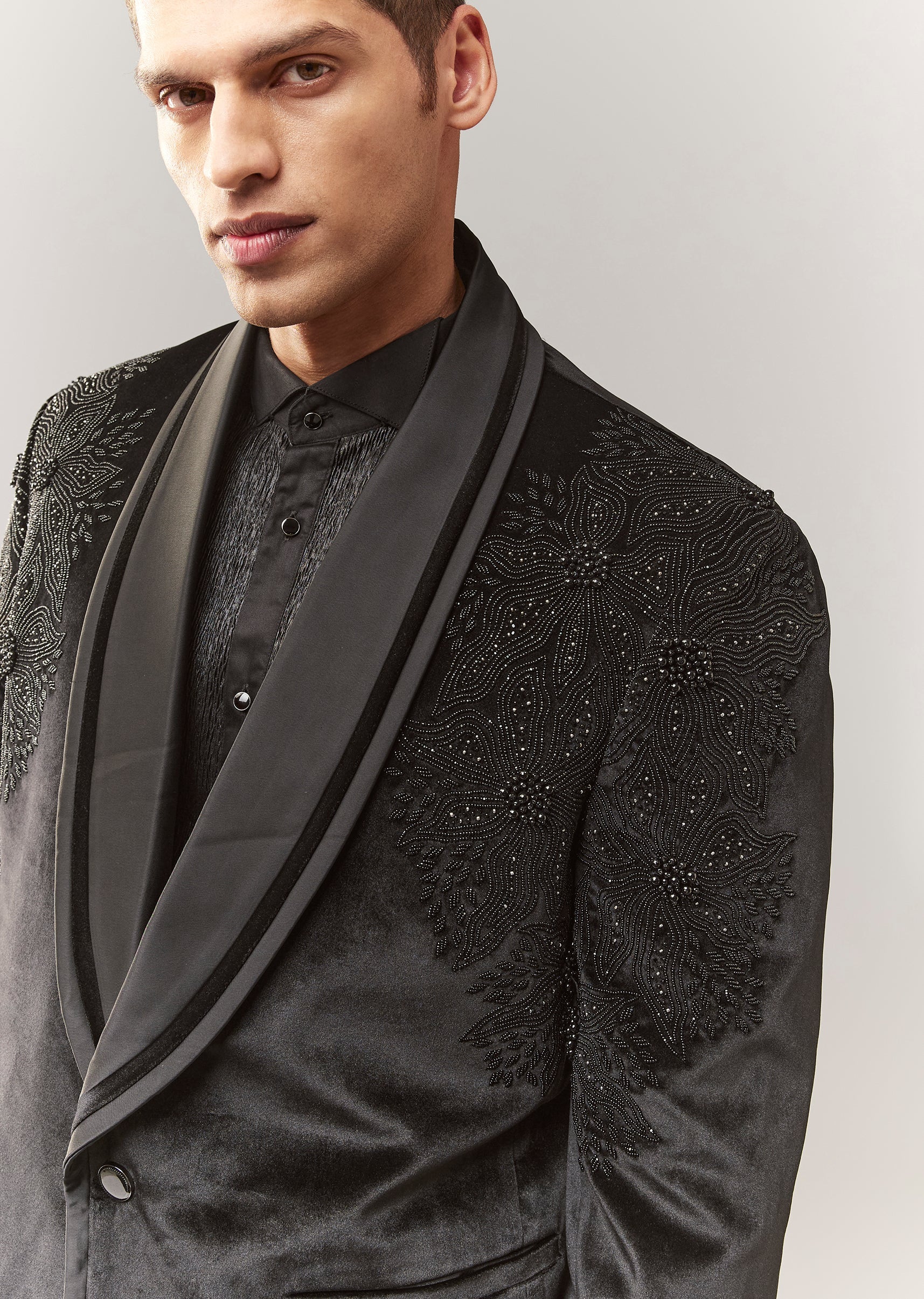 Black Velvet Tuxedo With Beads And Resham Work - Image 3