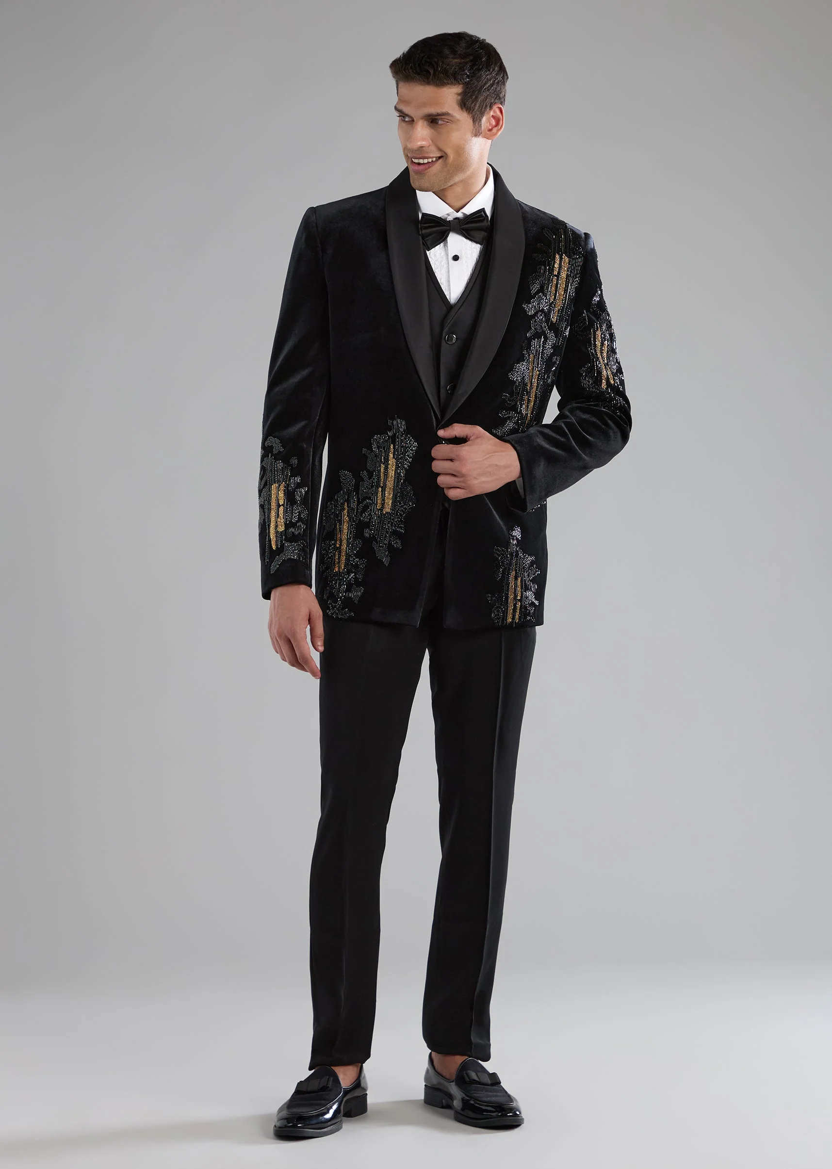 Black Velvet Tuxedo with Zardozi Embellished Detail - Image 3