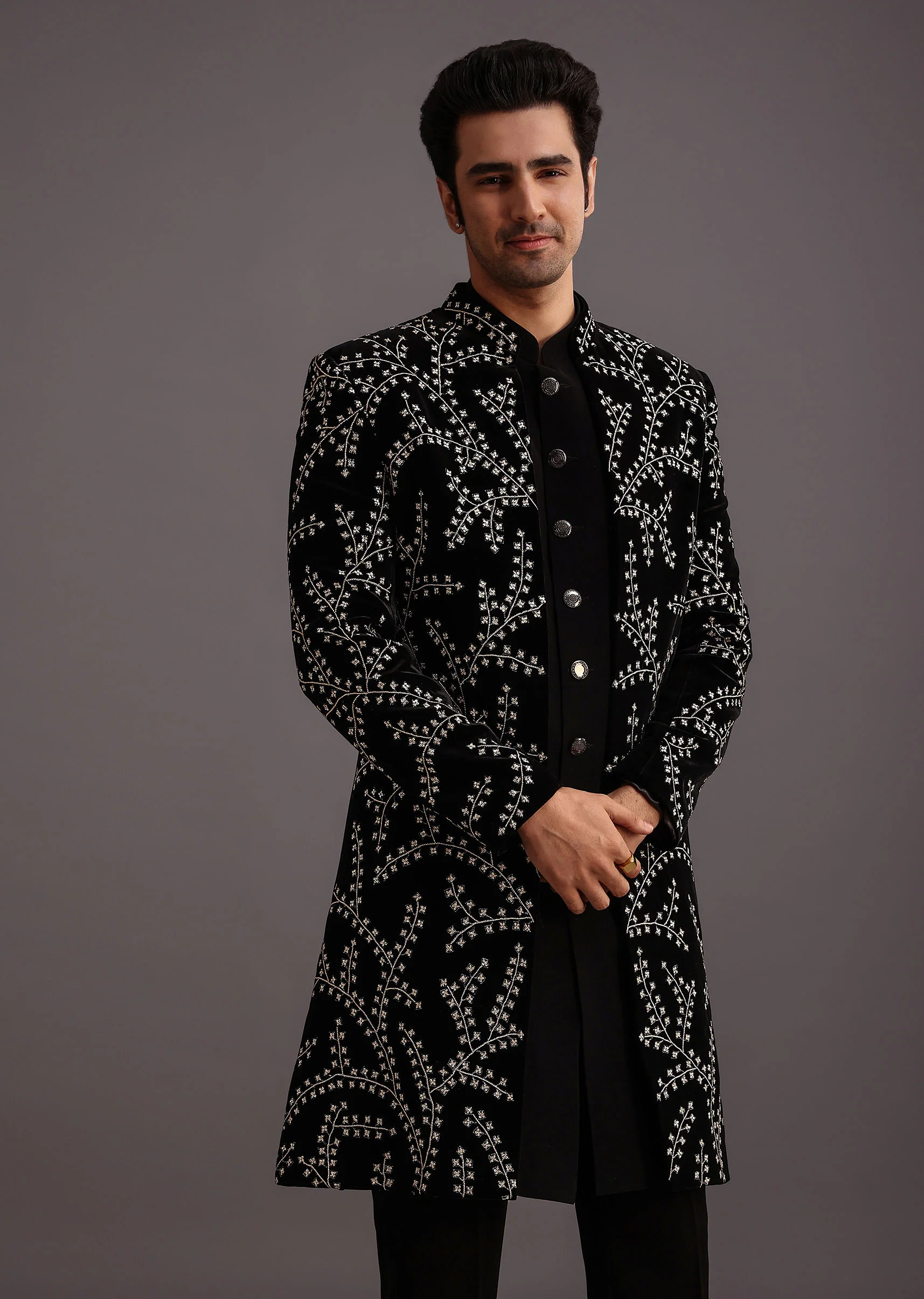 Black Velvet Zari Embroidered Indowestern Trouser Suit - Image 4