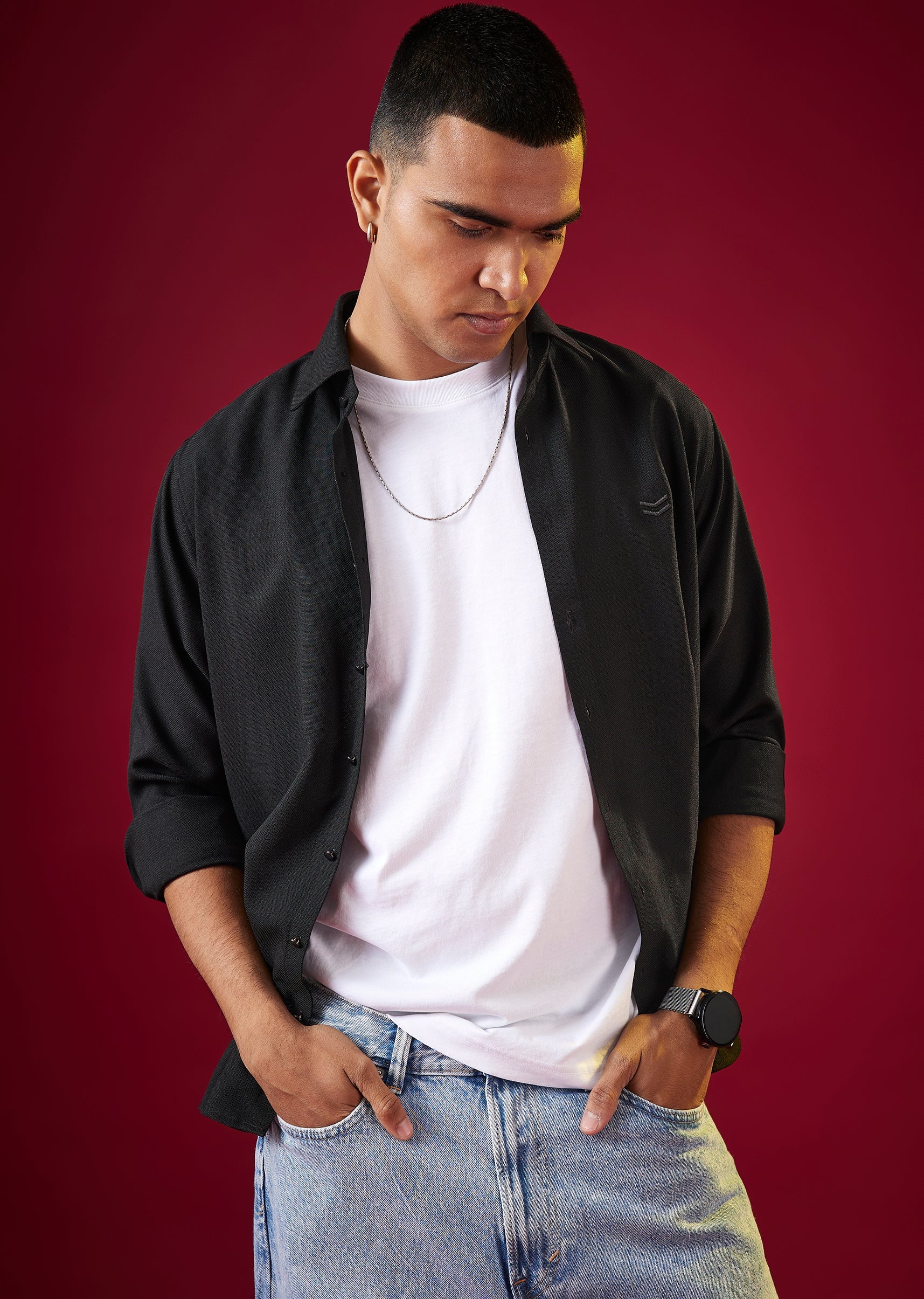 Black Viscose Mandarin Collar Mens Shirt - Image 3