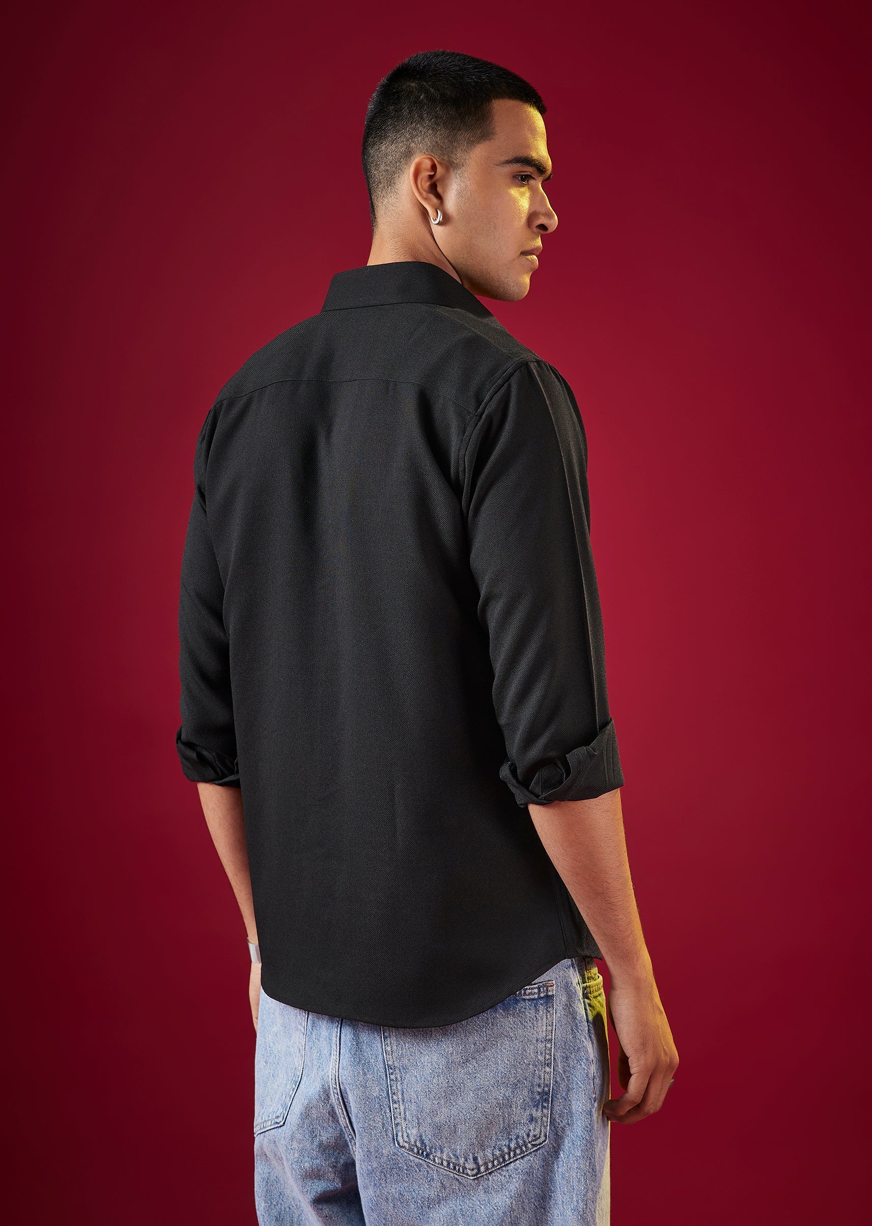 Black Viscose Mandarin Collar Mens Shirt - Image 5