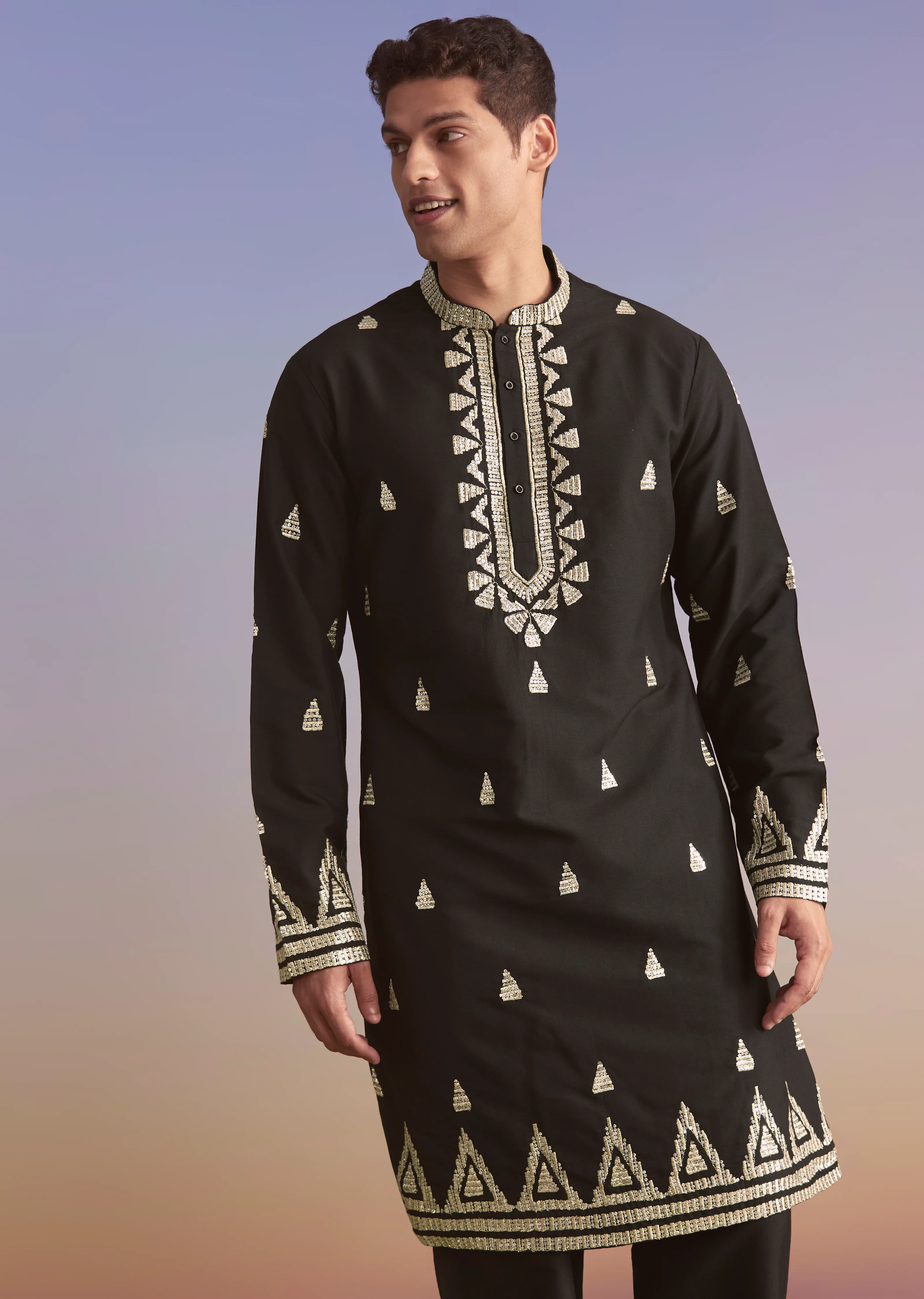 Black Zari Work Couple Set – Silk Kurta Set For Him & Georgette Palazzo Suit For Her - Image 10