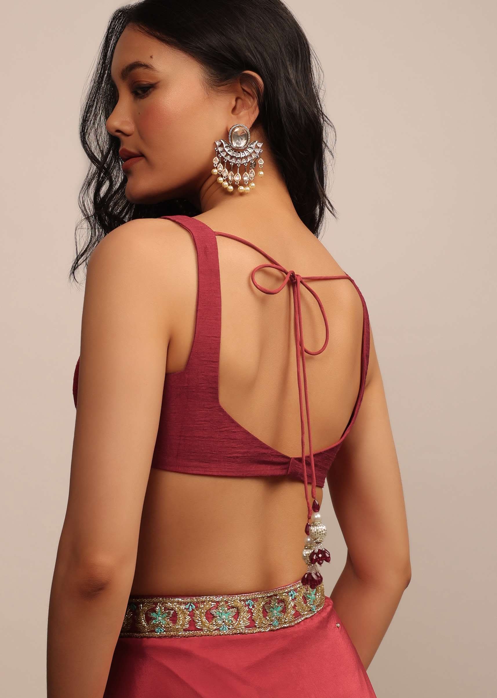 Blood Red Sleeveless Blouse In Raw Silk With Sweetheart Neckline - Image 2