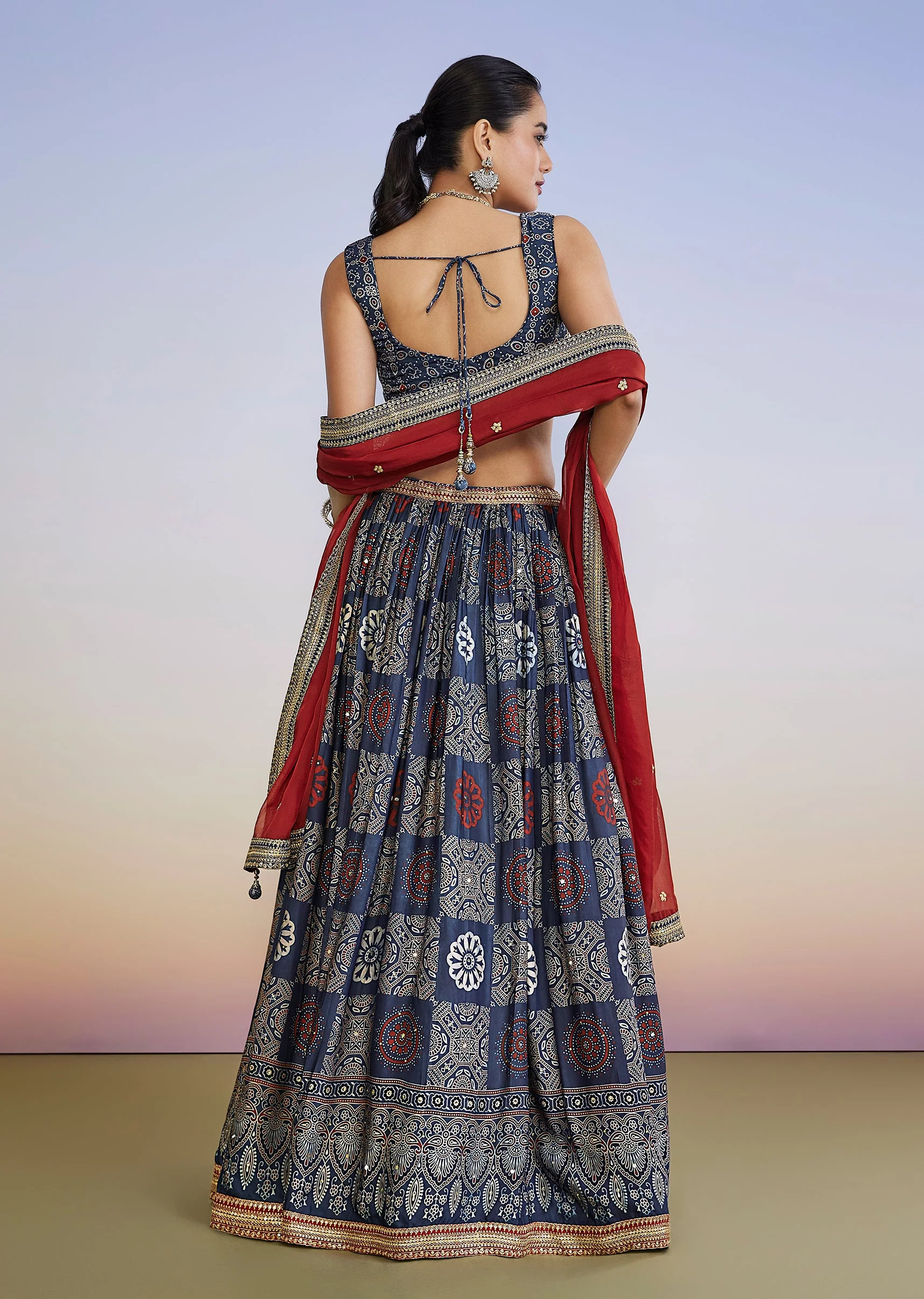 Blue Ajrakh Hand Dyed Printed Lehenga Set With Zari Dupatta - Image 2