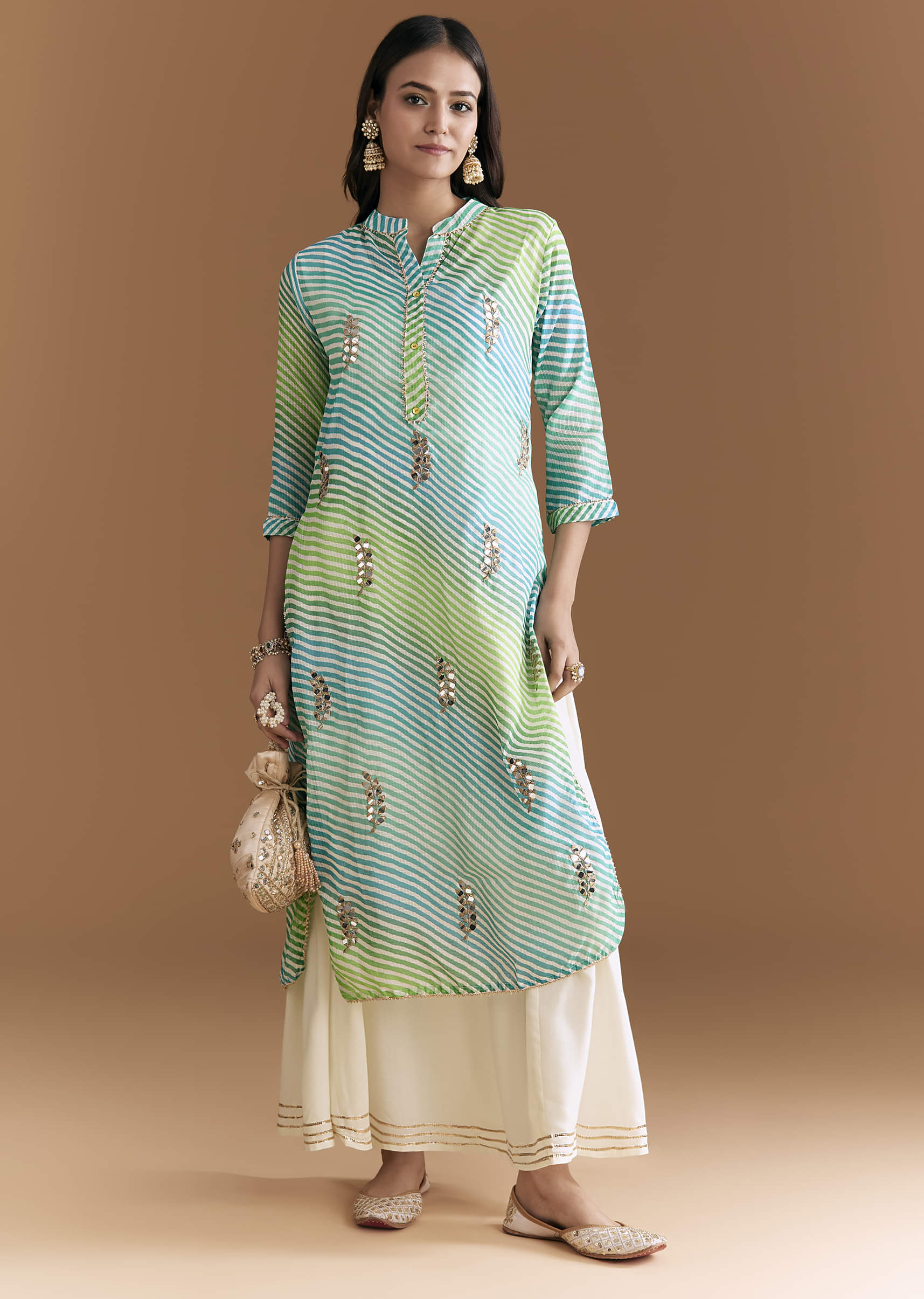 Blue And Green Cotton Kurti With Leheriya Print And Gota Work - Image 3