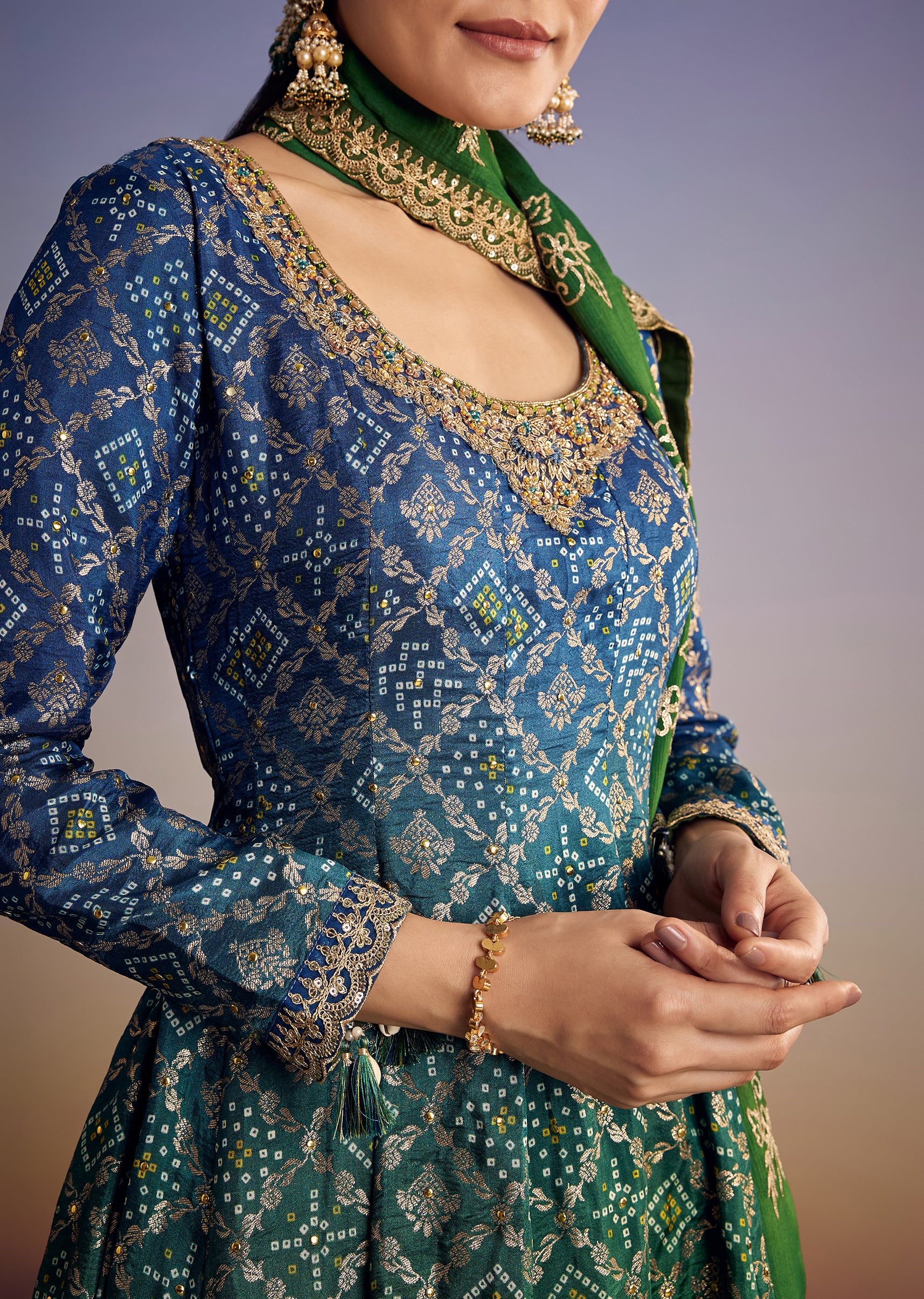 Blue And Green Ombre Bandhani Anarkali Suit With Zardosi Neckline - Image 2