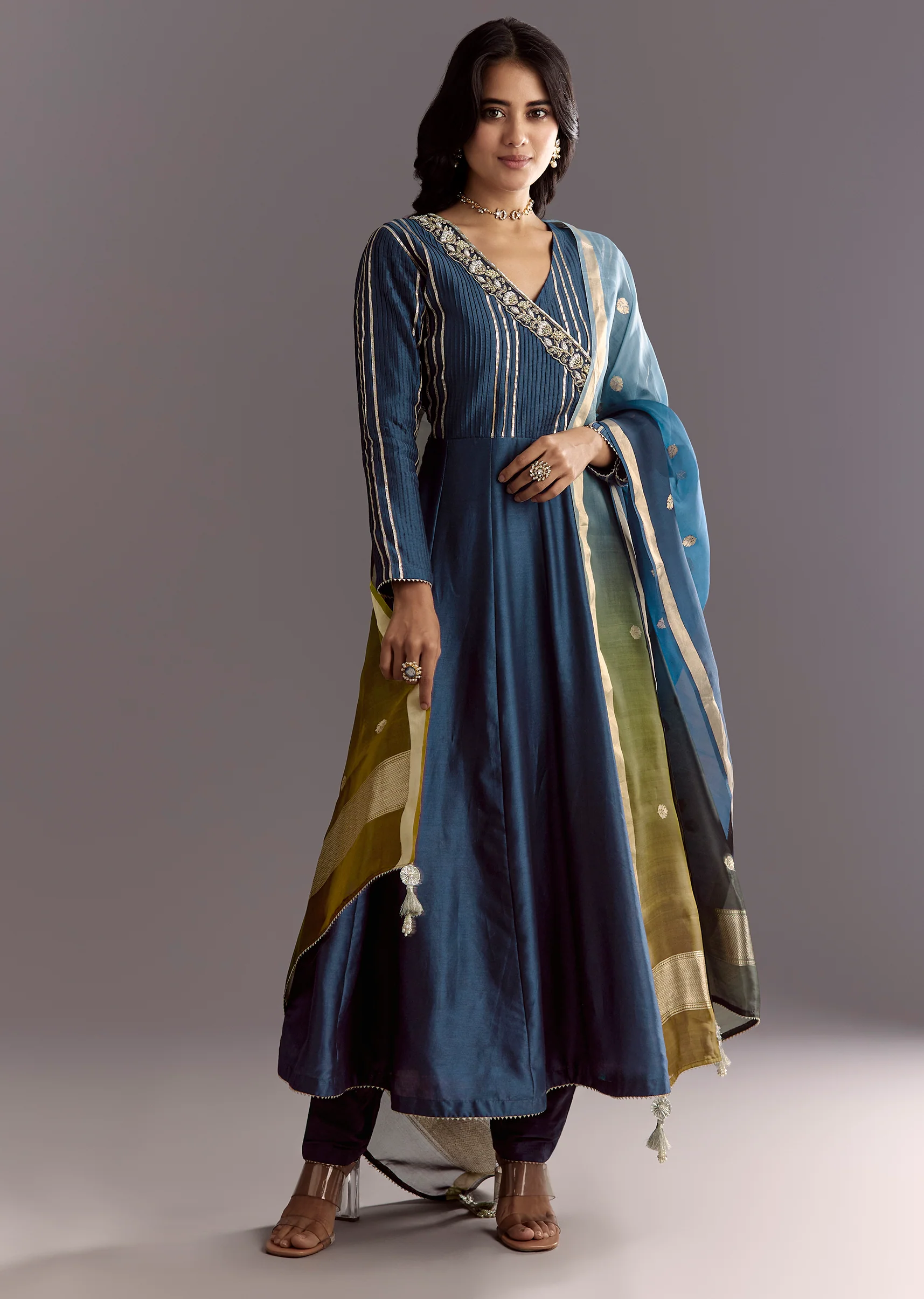 Blue Angrakha Style Anarkali Suit With Butti Work Ombre Dupatta - Image 3