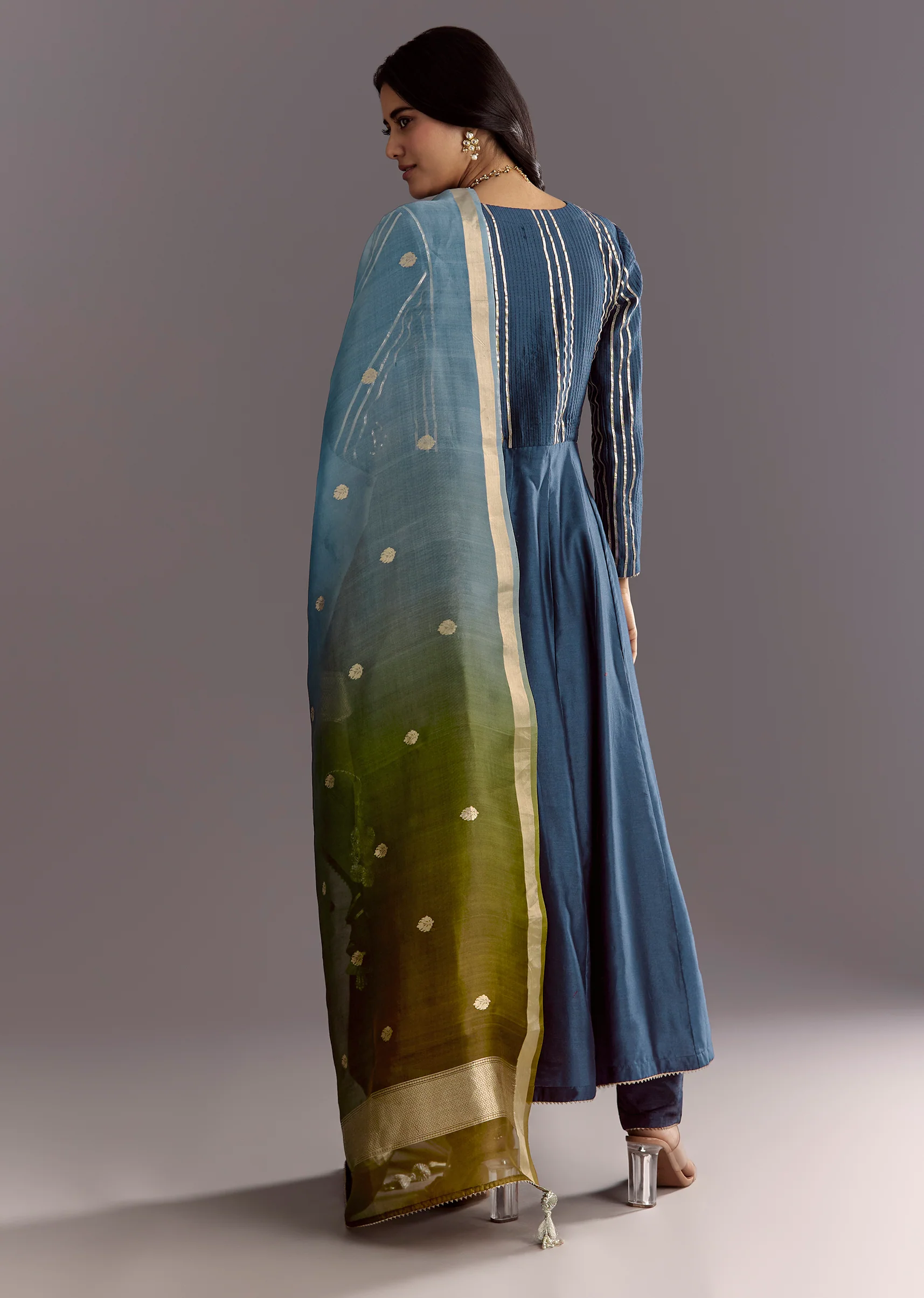 Blue Angrakha Style Anarkali Suit With Butti Work Ombre Dupatta - Image 5