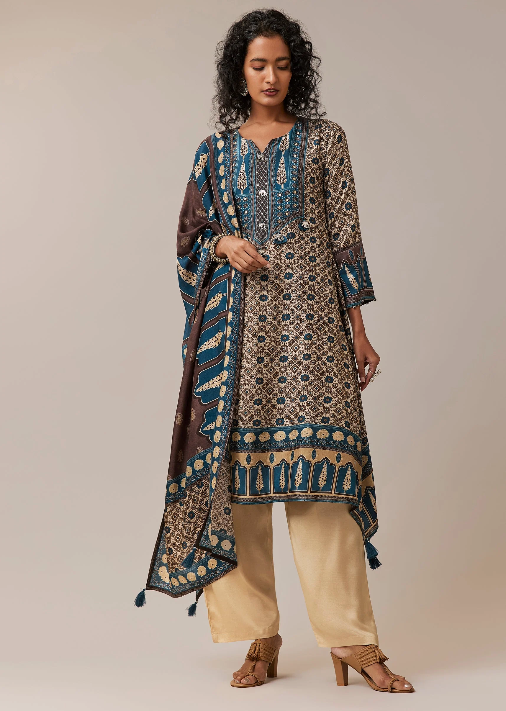 Blue Asymmetric Indie Print Silk Kurta Set - Image 3