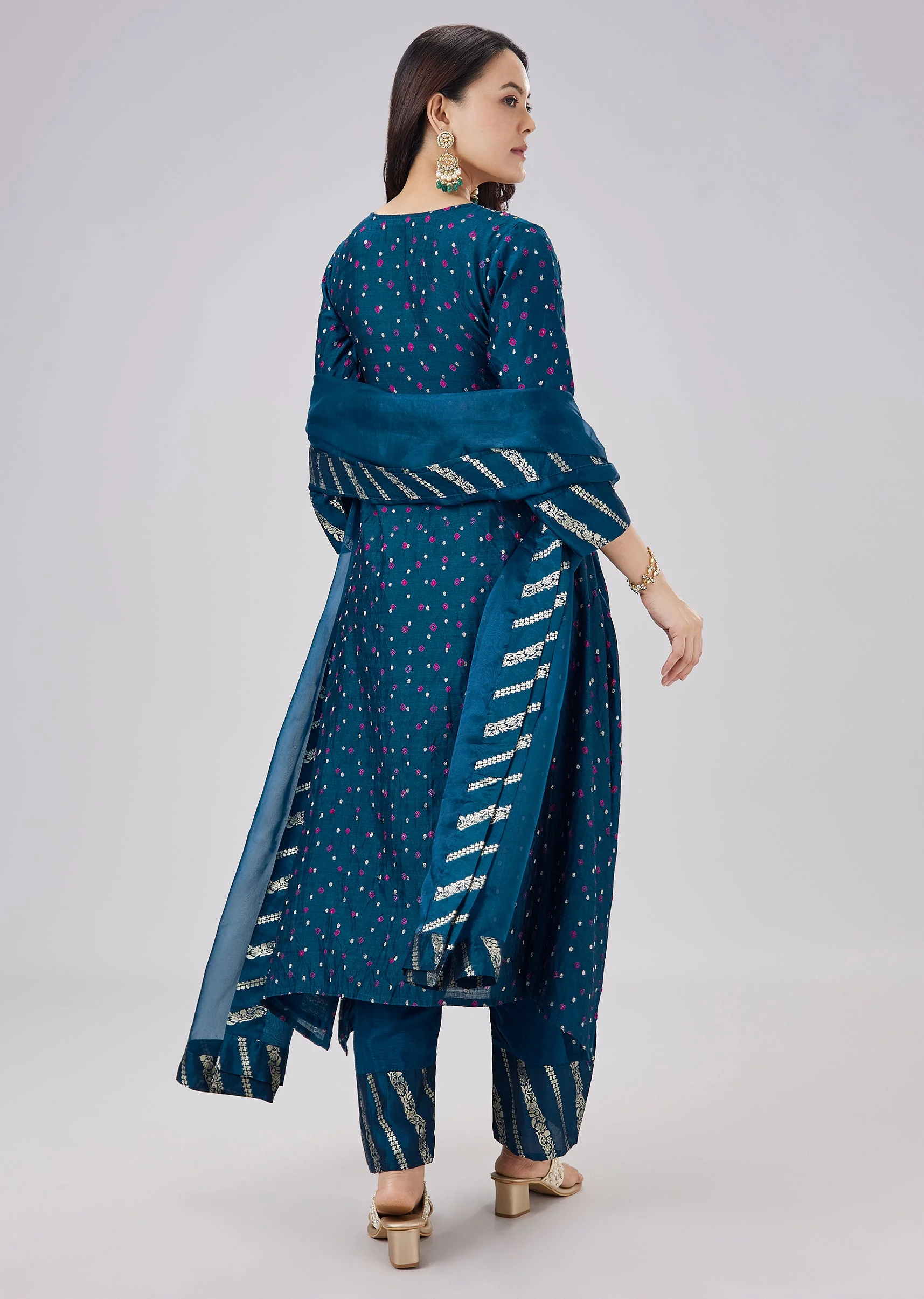 Blue Banarasi Bandhani Silk Kurta Set With Dupatta - Image 5
