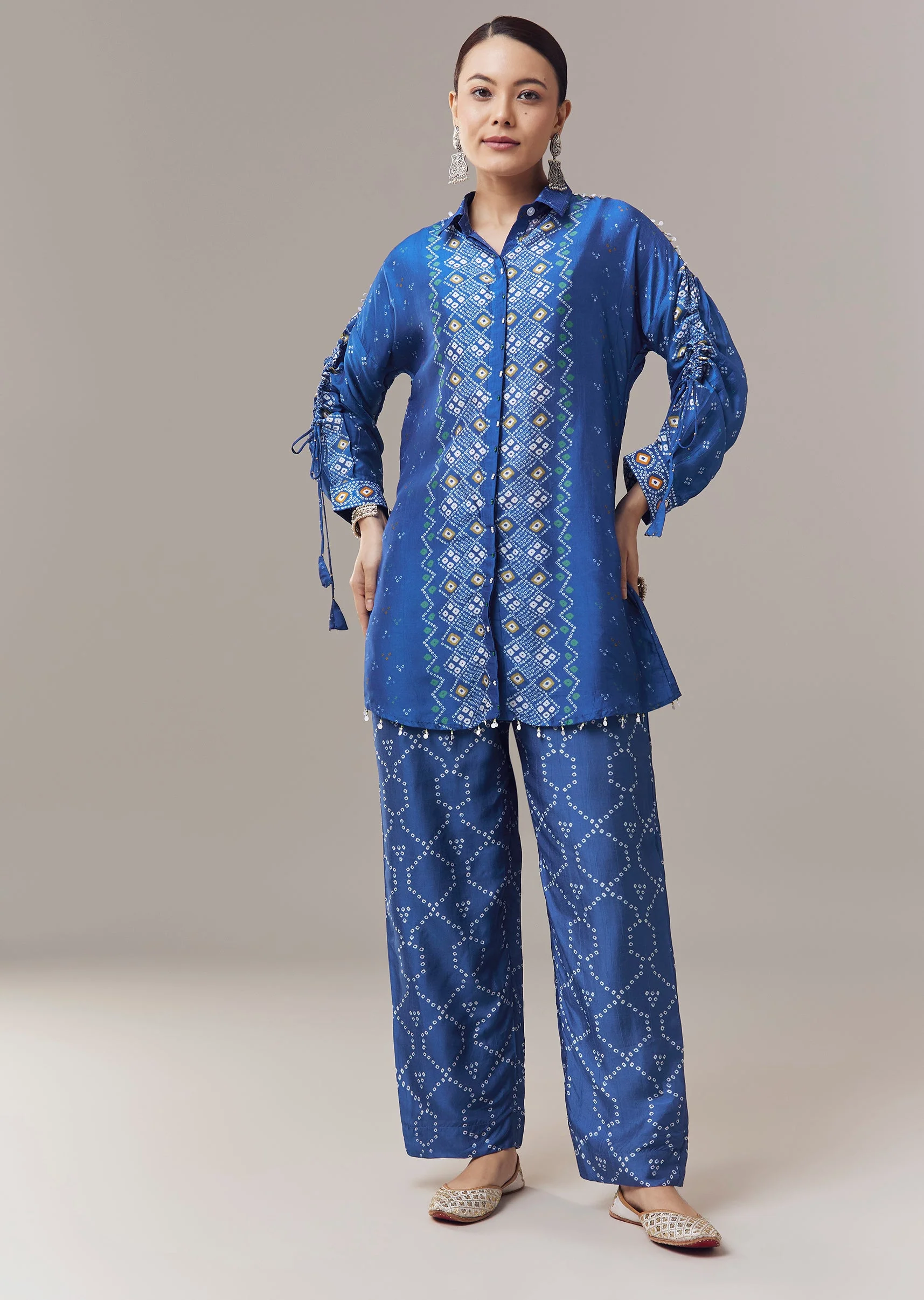 Blue Bandhani Print Silk Coord Set With Beads Detail