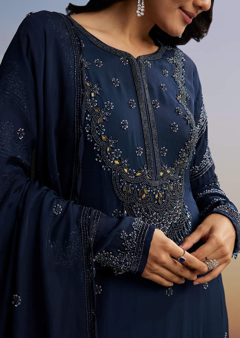 Blue Beaded Anarkali Set With Dupatta - Image 2