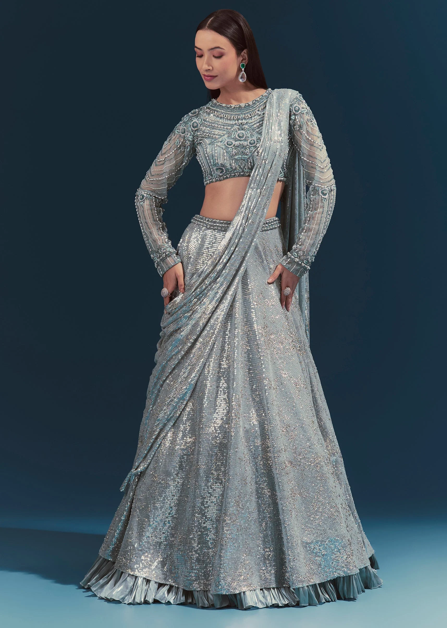Blue Bridesmaid Lehenga With Net Long Sleeves Blouse And Cutdana Work