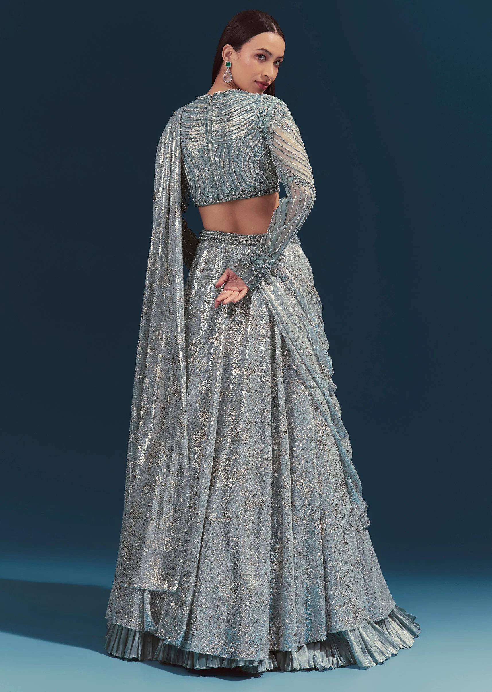 Blue Bridesmaid Lehenga With Net Long Sleeves Blouse And Cutdana Work - Image 2