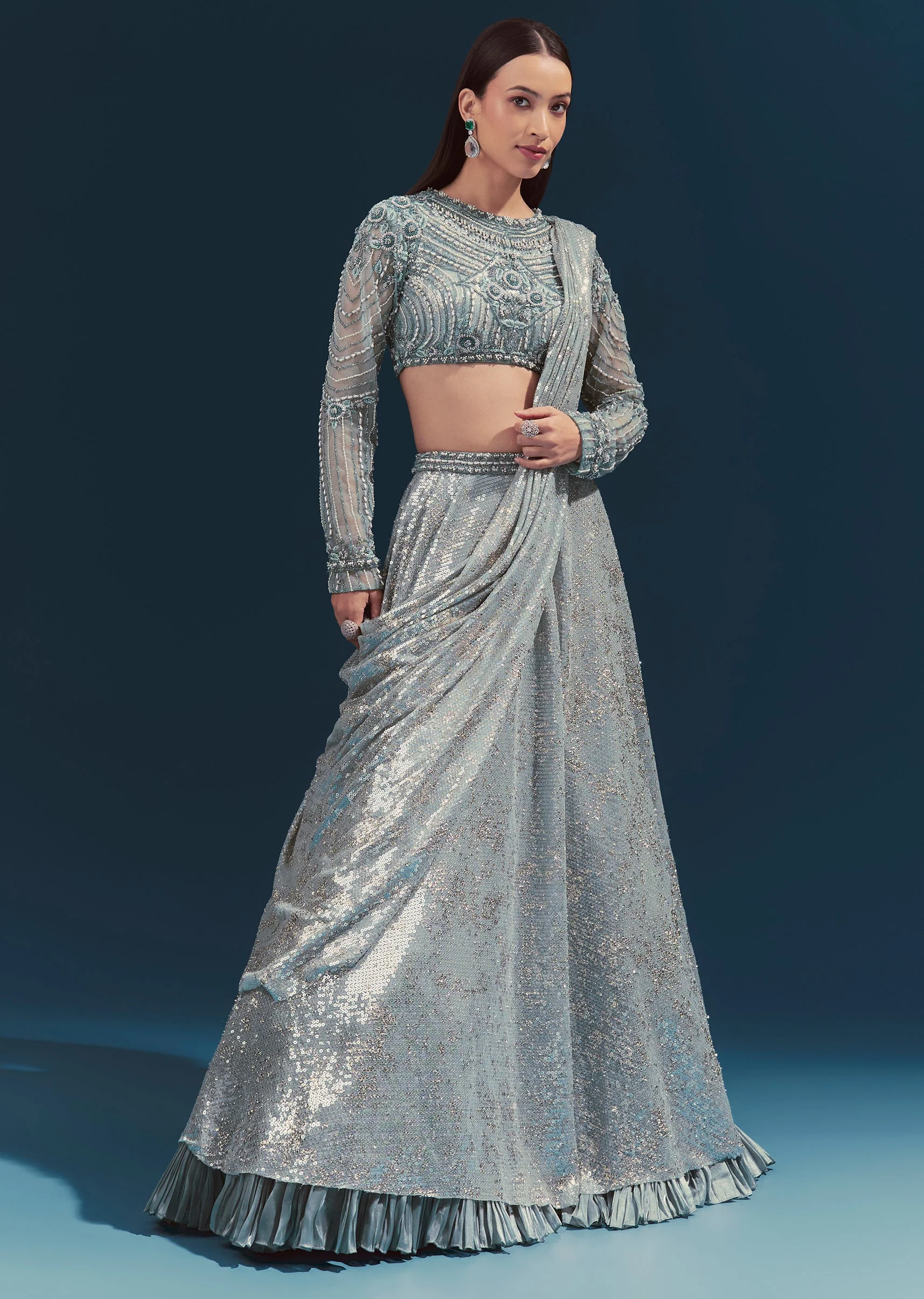 Blue Bridesmaid Lehenga With Net Long Sleeves Blouse And Cutdana Work - Image 4