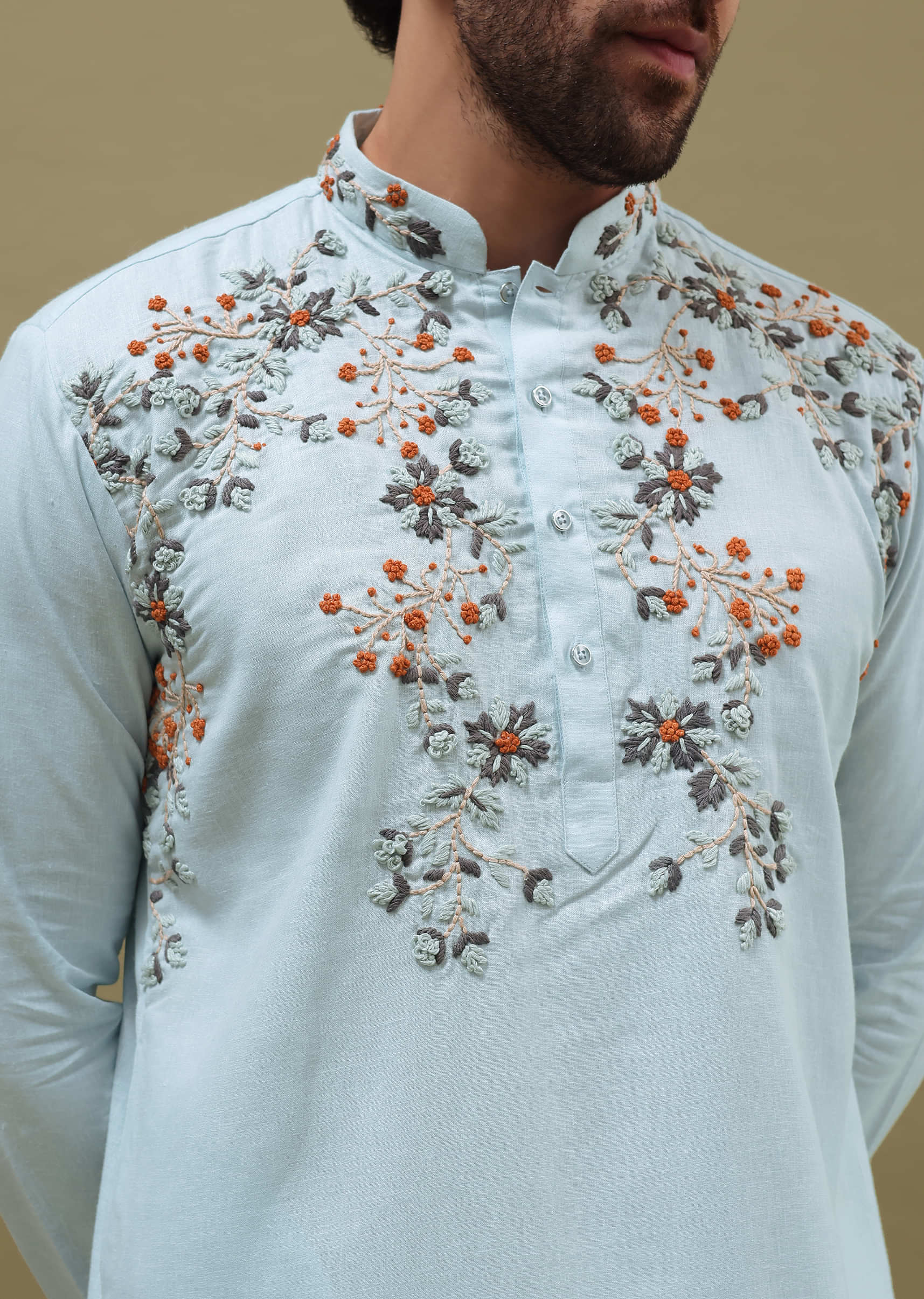 Blue Bud Embroidered Linen Kurta Set For Men - Image 3