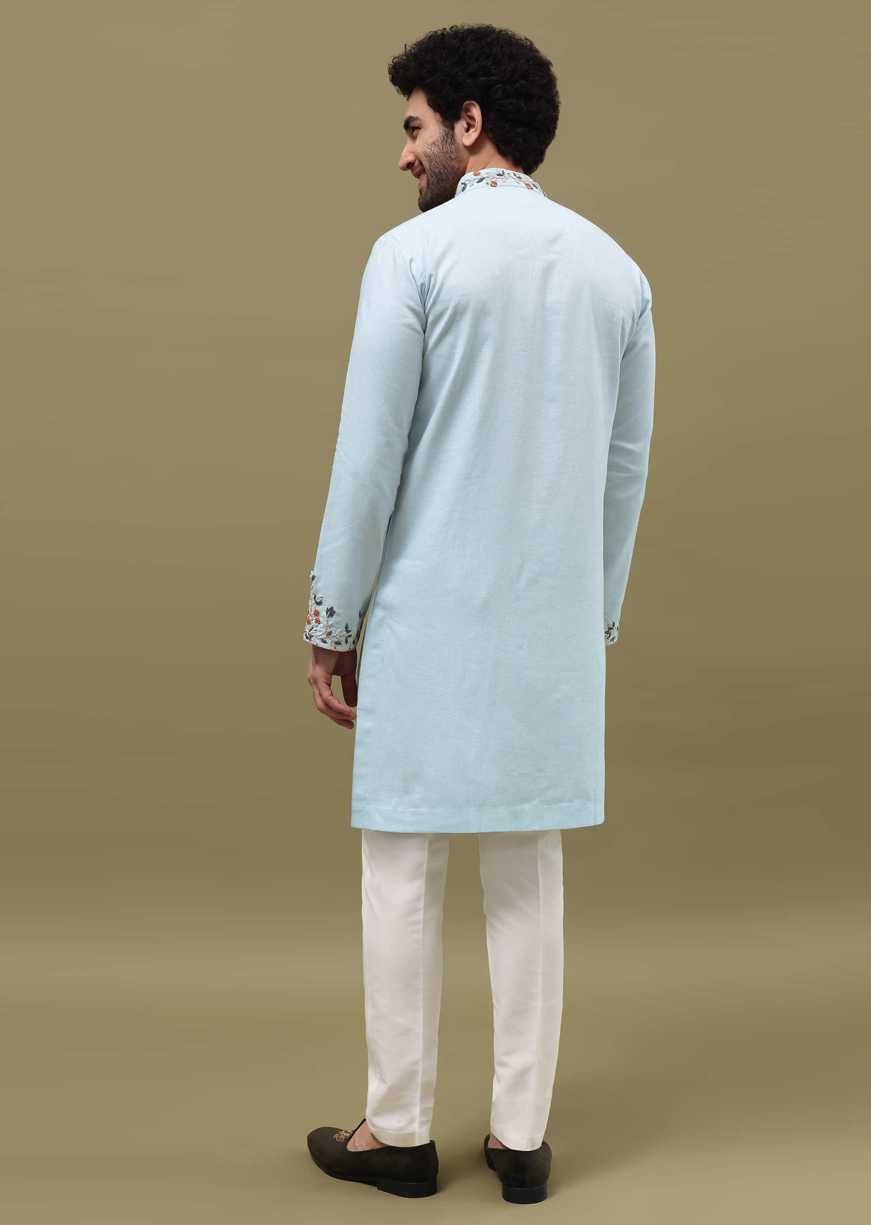 Blue Bud Embroidered Linen Kurta Set For Men - Image 5