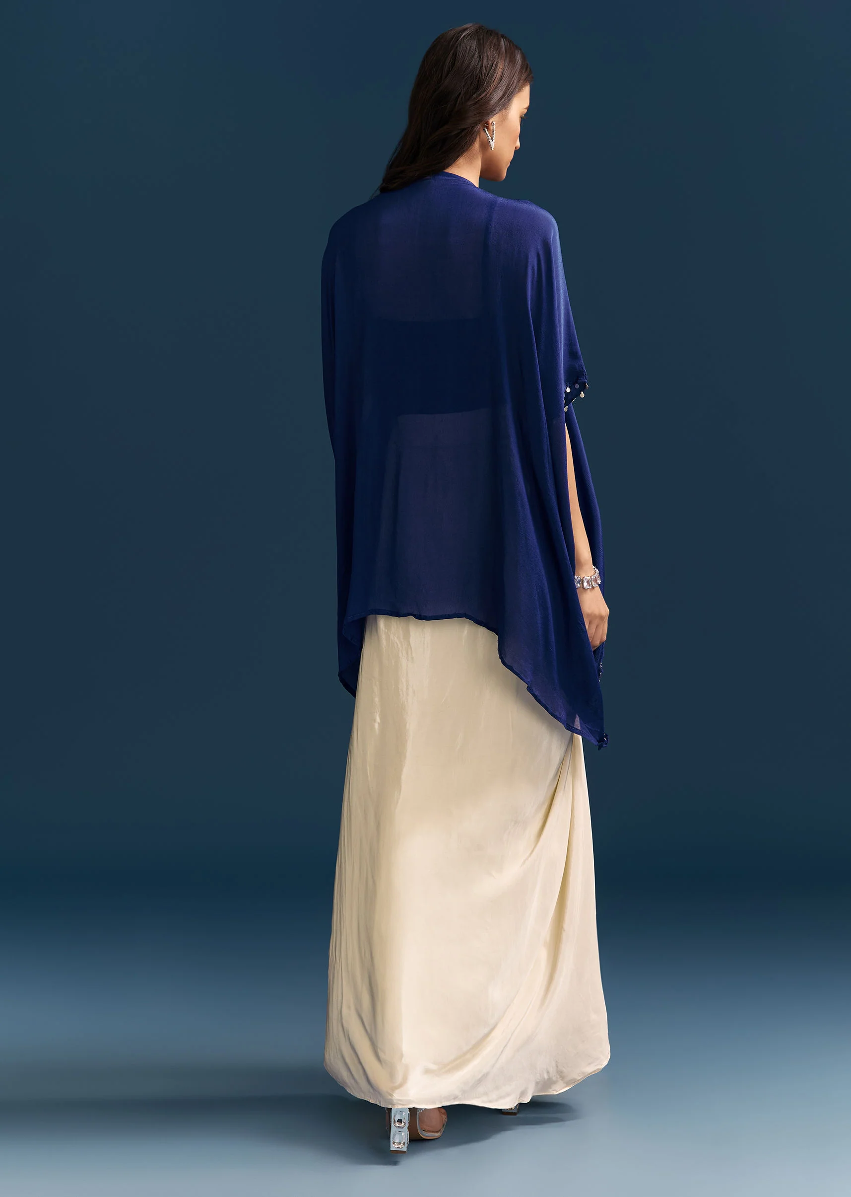 Blue Cape Crop Top Skirt Set With Embroidered Details - Image 5