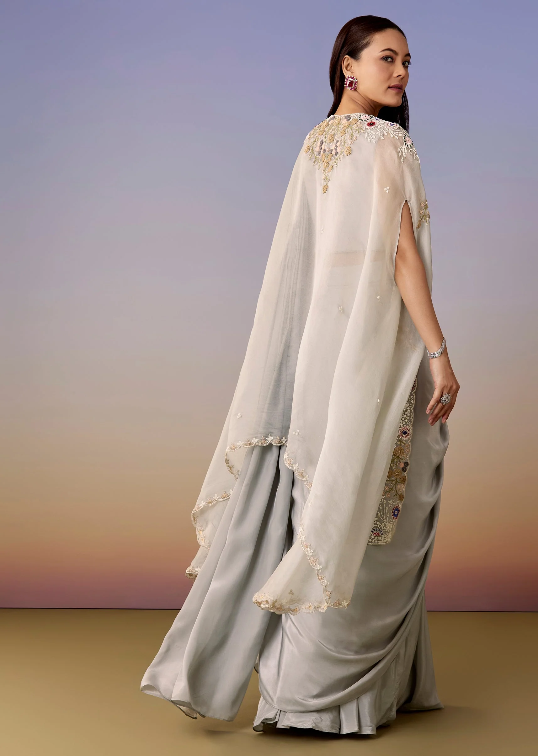 Blue Cape Pre Draped Saree Set - Image 5