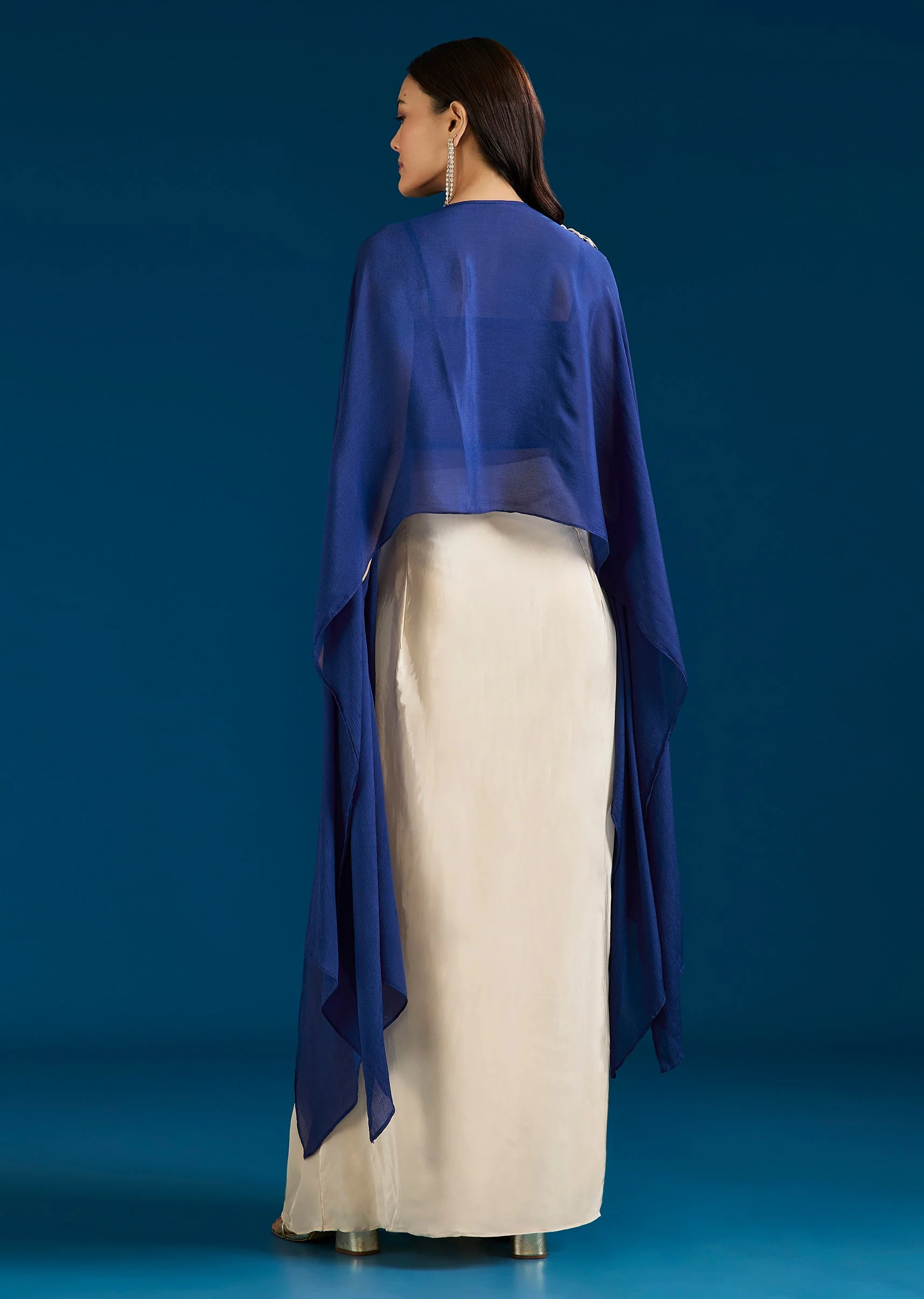 Blue Cape Style Crop Top Drape Skirt Set - Image 5