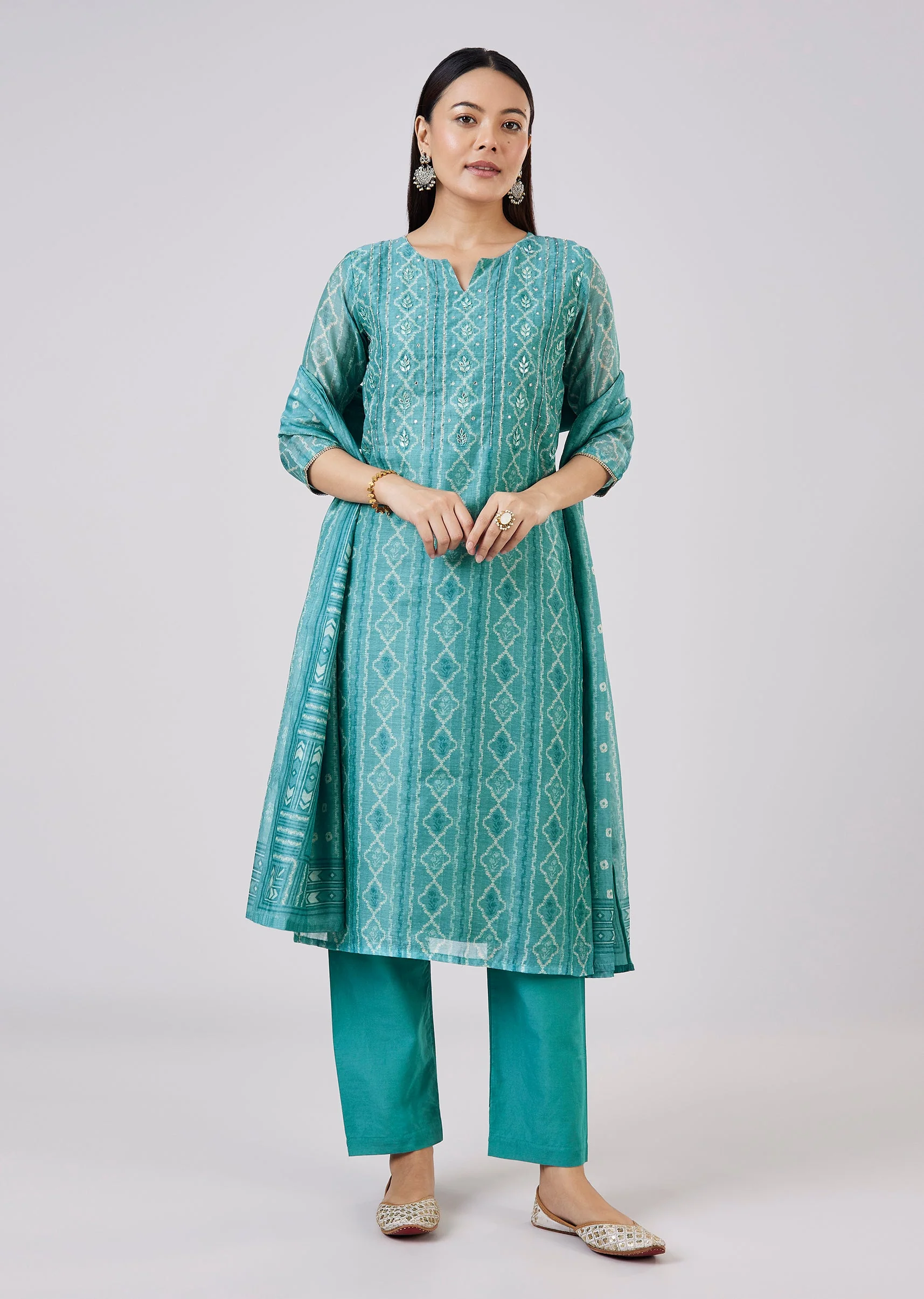 Blue Chanderi Kurta Set With Gotta And Moti Work - Image 3