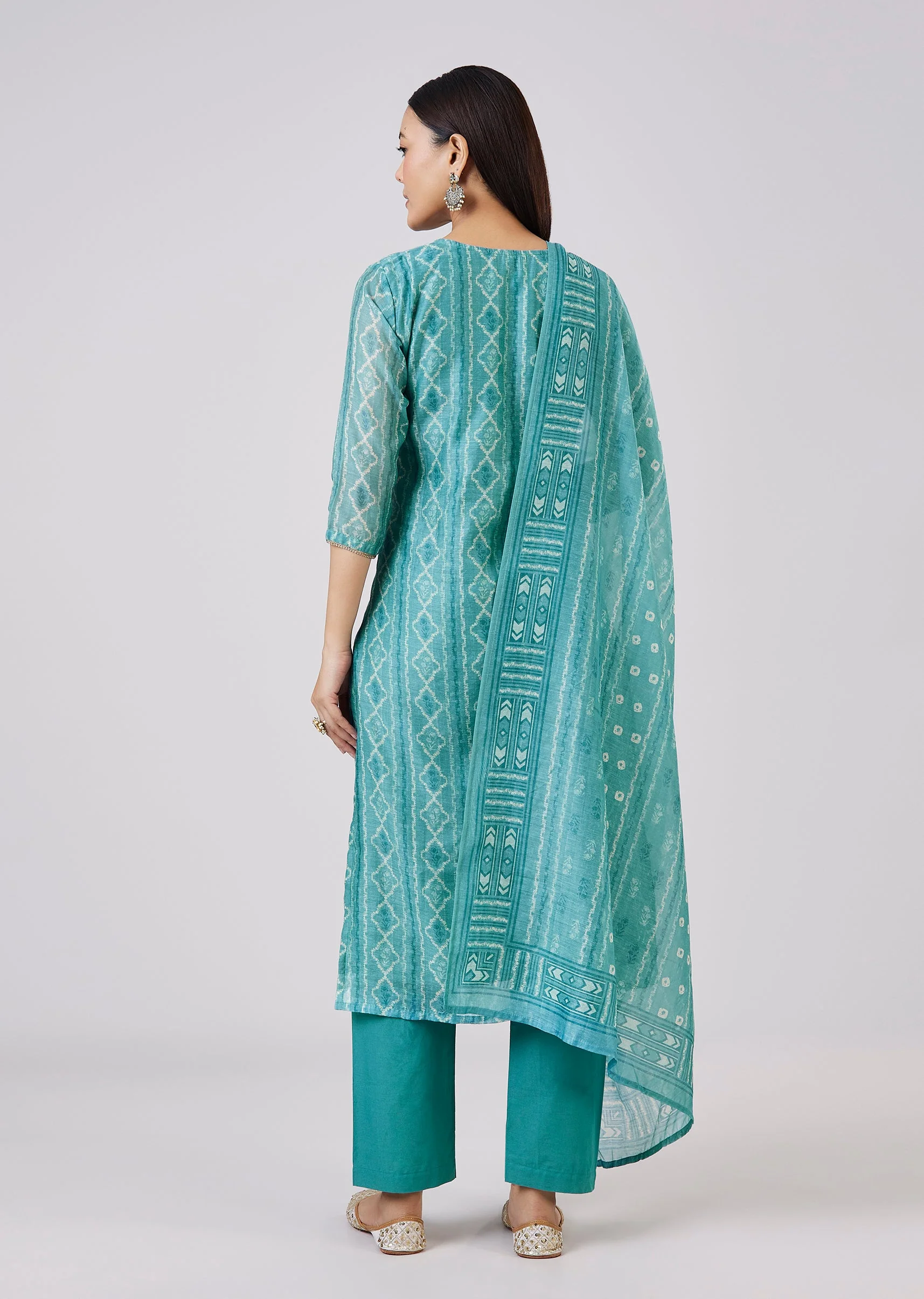 Blue Chanderi Kurta Set With Gotta And Moti Work - Image 5