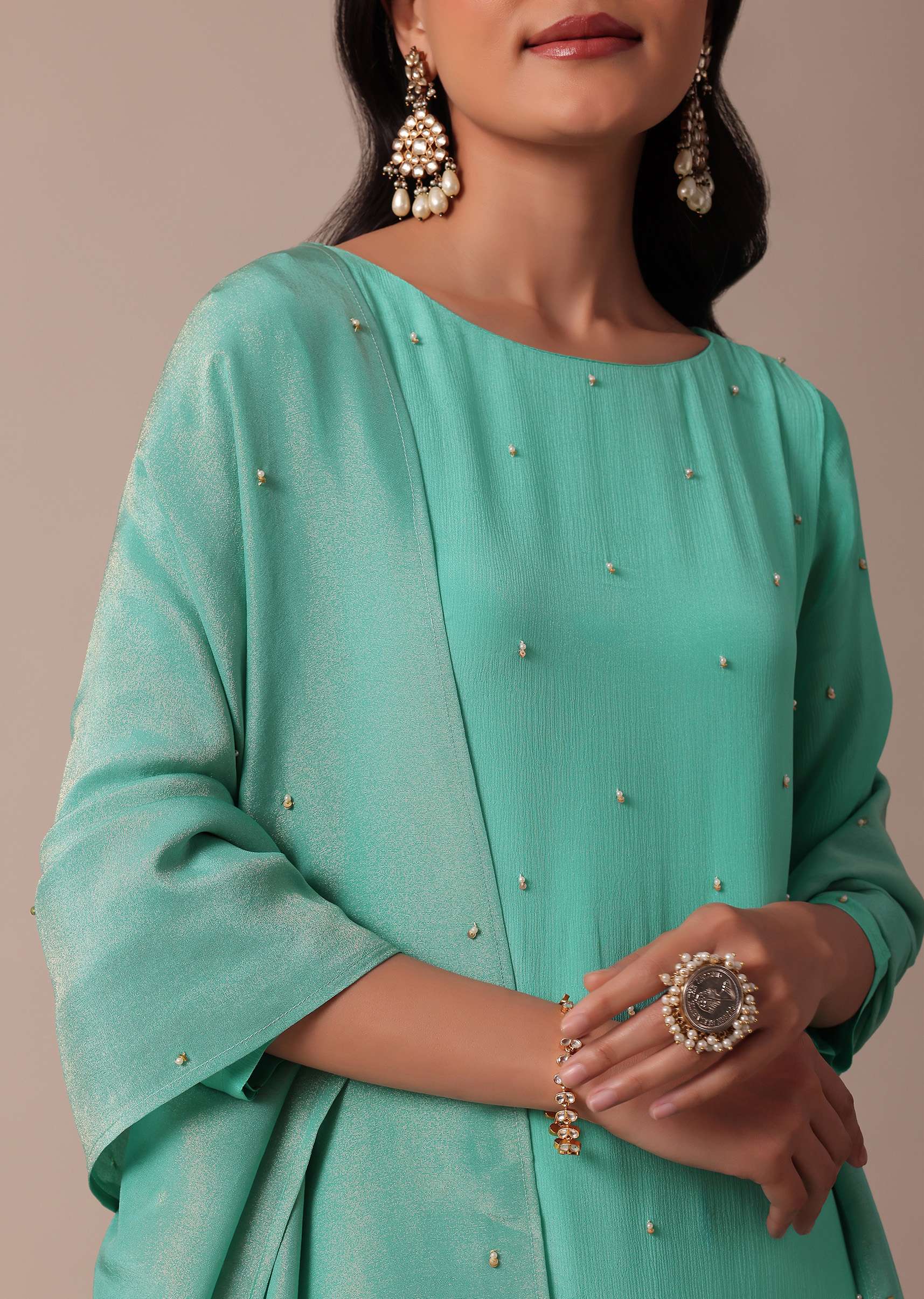 Blue Chiffon Pant Set With Sequin Work Kurta - Image 2