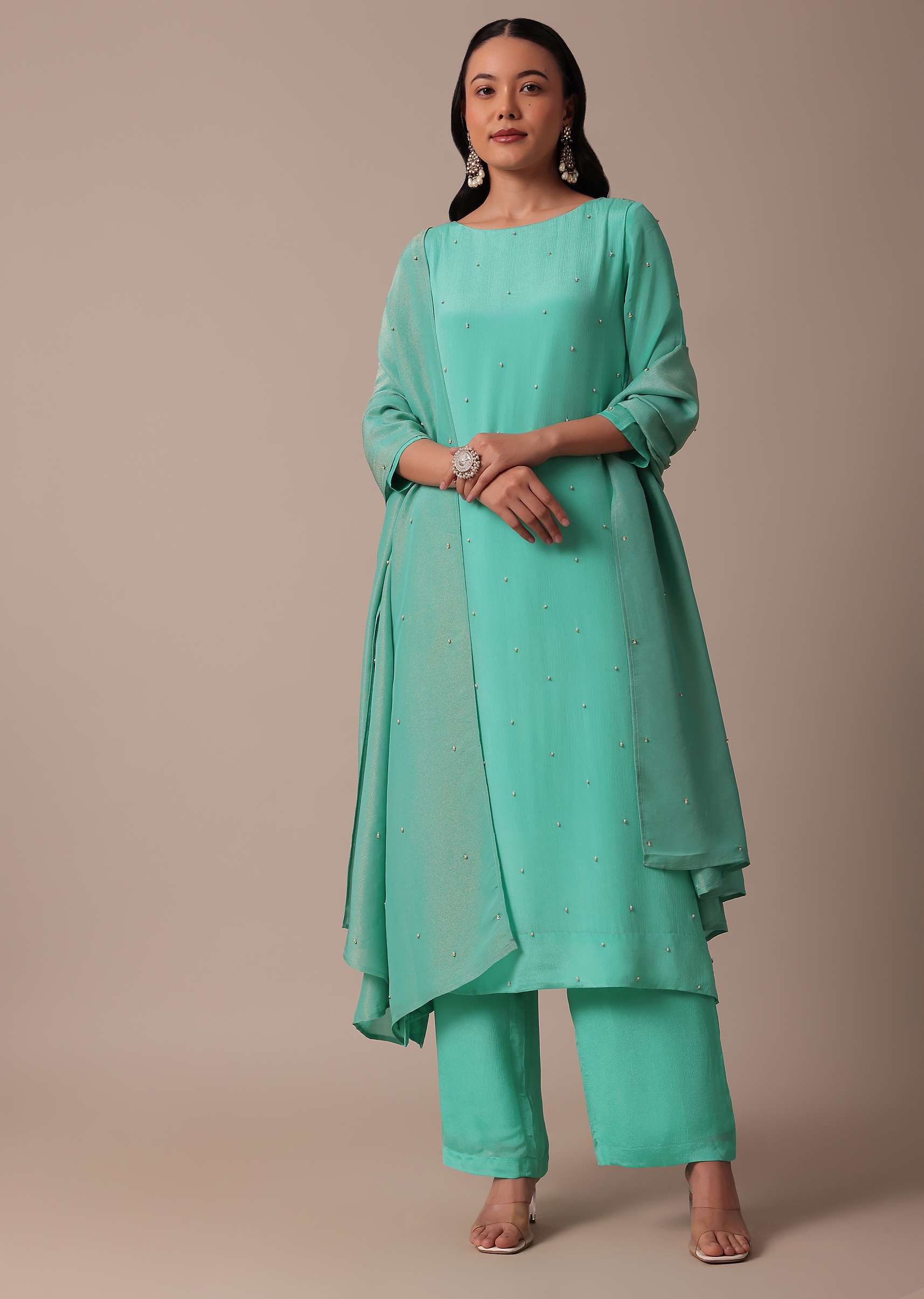 Blue Chiffon Pant Set With Sequin Work Kurta - Image 3