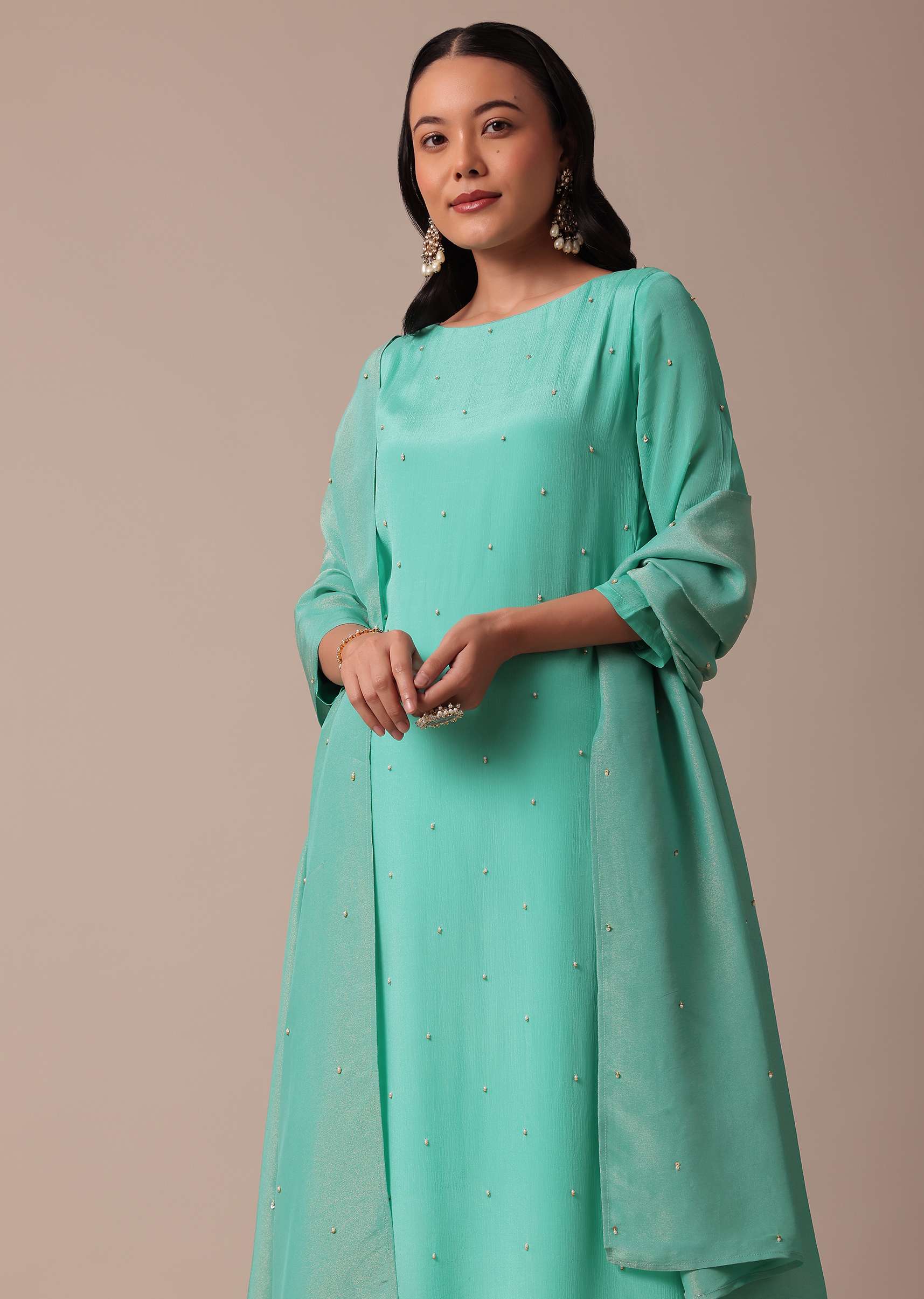 Blue Chiffon Pant Set With Sequin Work Kurta - Image 4