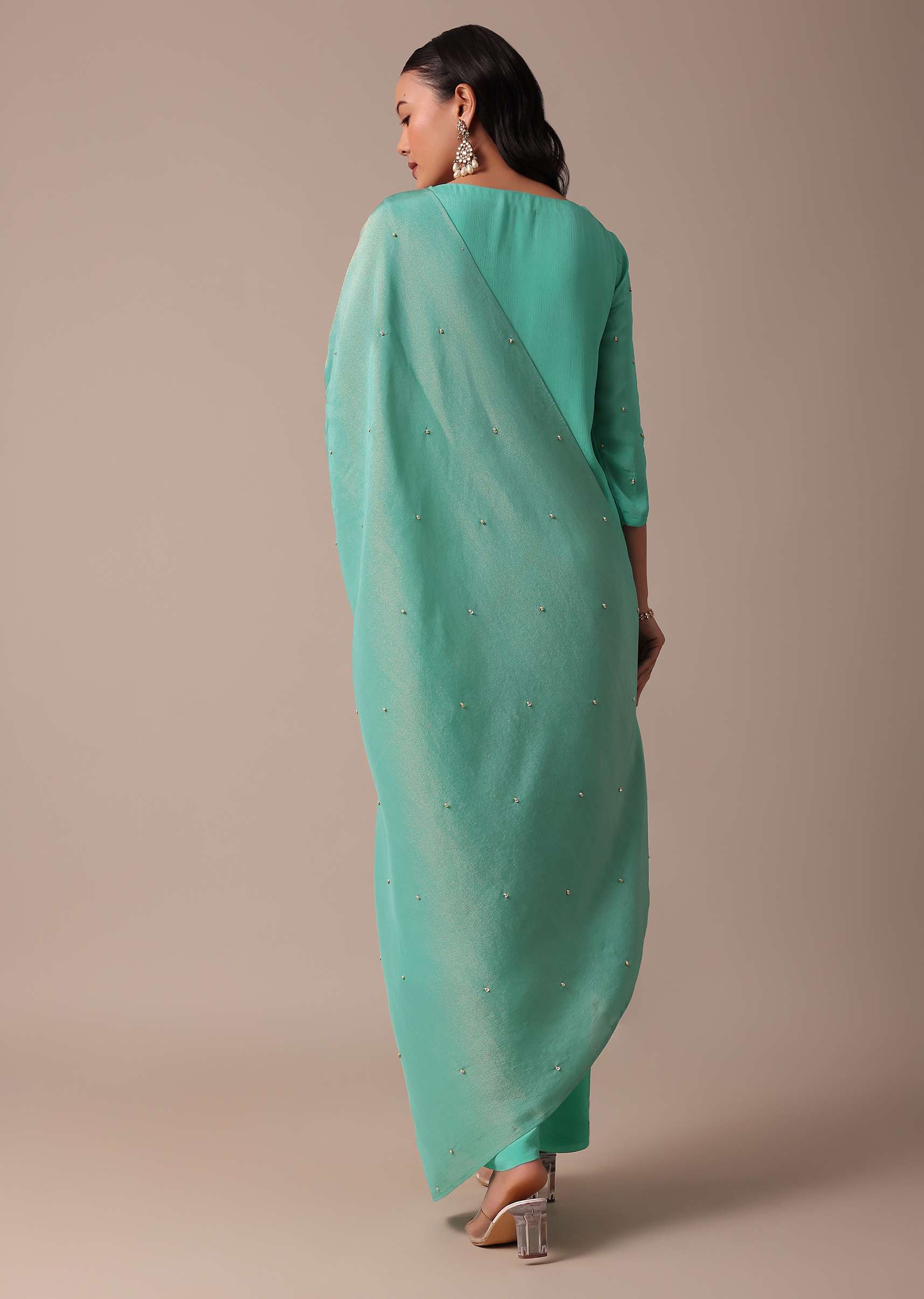 Blue Chiffon Pant Set With Sequin Work Kurta - Image 5