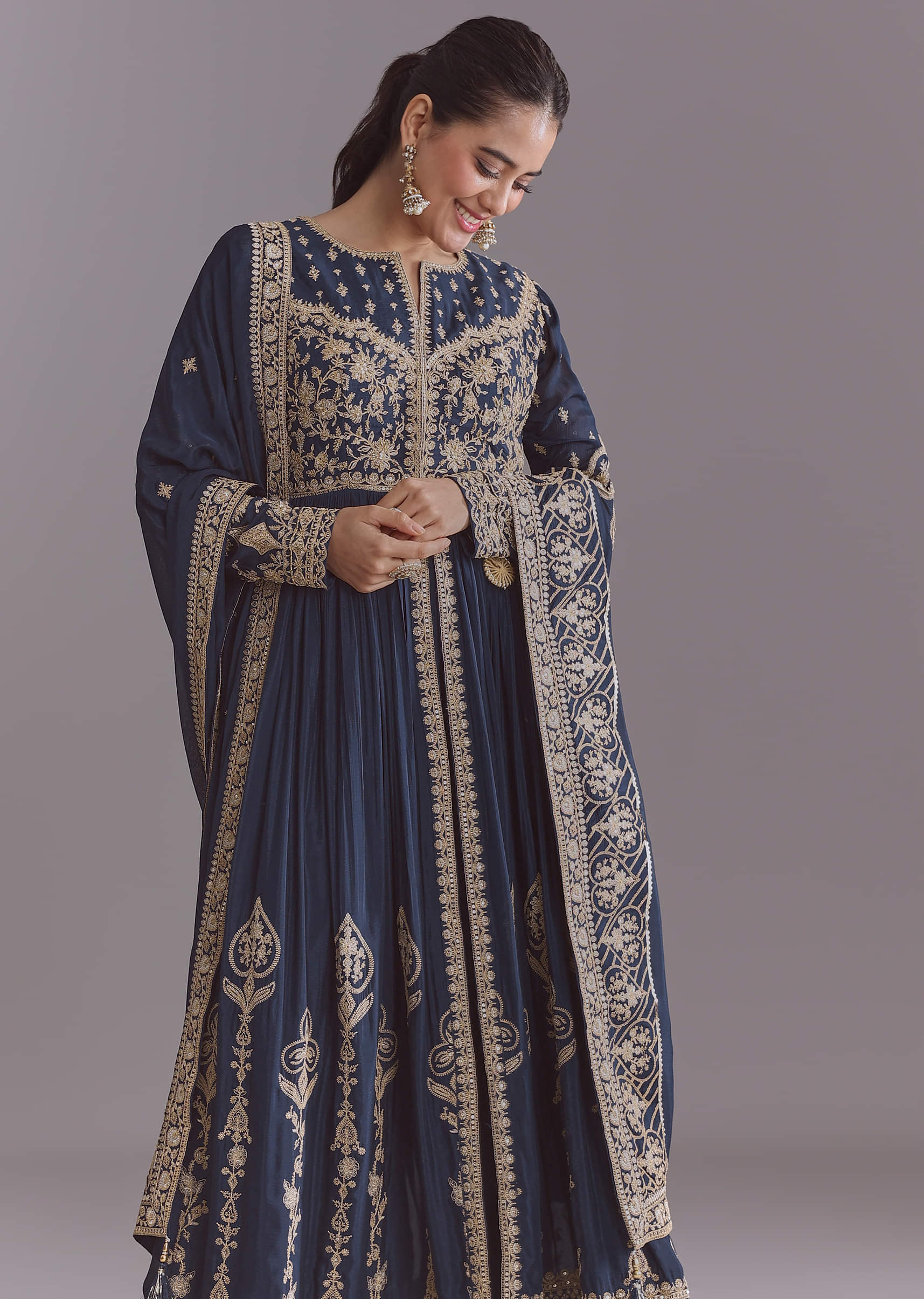 Blue Chinon Anarkali Suit With Embroidery And Front Slit - Image 3