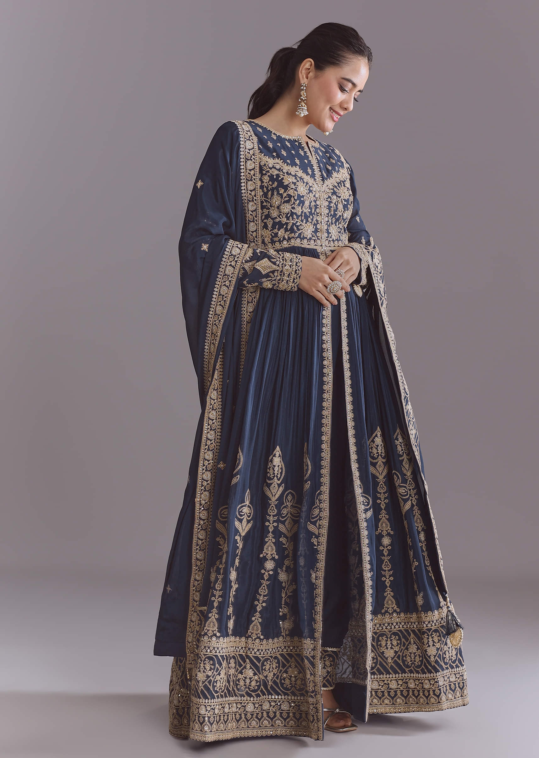 Blue Chinon Anarkali Suit With Embroidery And Front Slit - Image 4