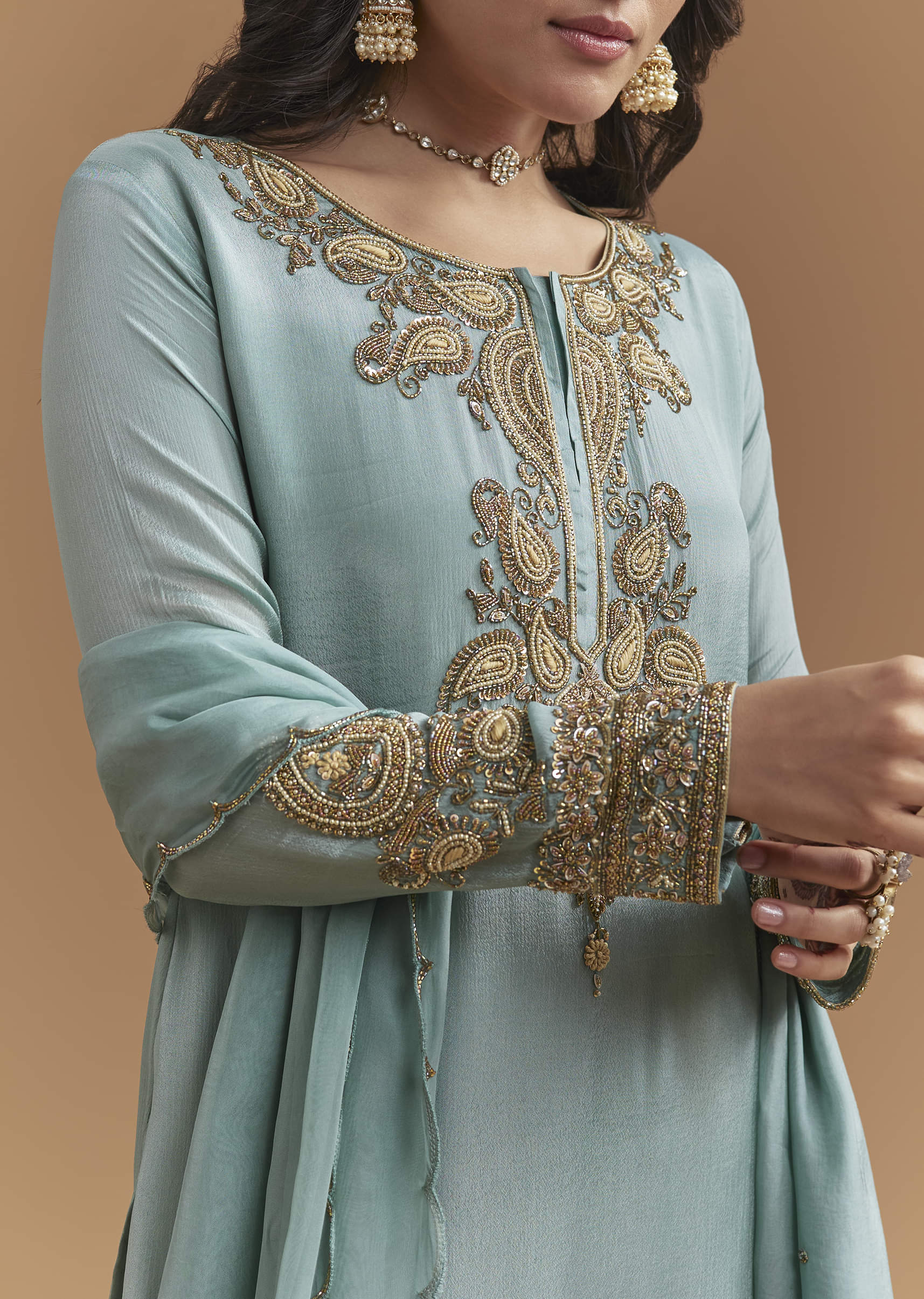 Blue Chinon Palazzo Suit With Moti And Cutdana Embroidery - Image 2