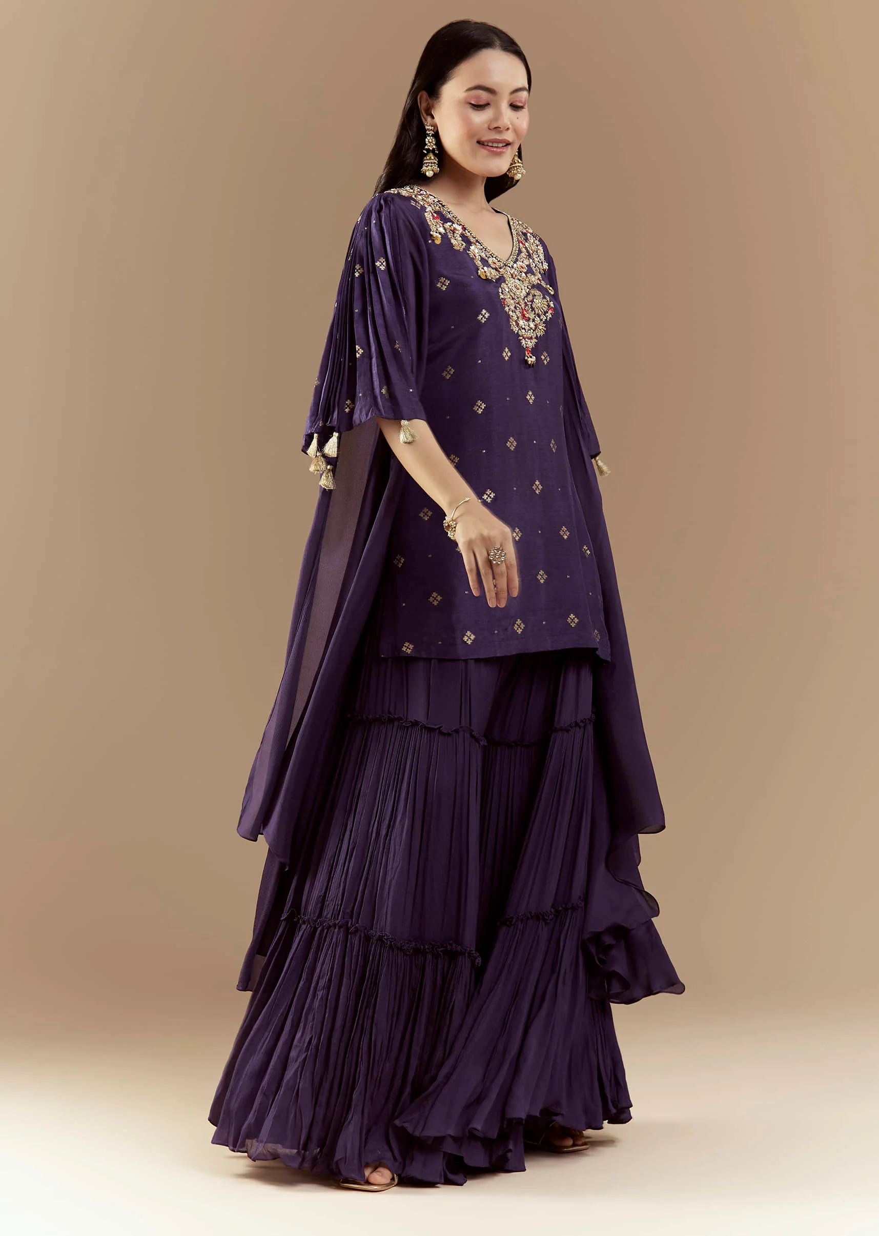 Blue Chinon Silk Sharara Set with Sequin Work - Image 3