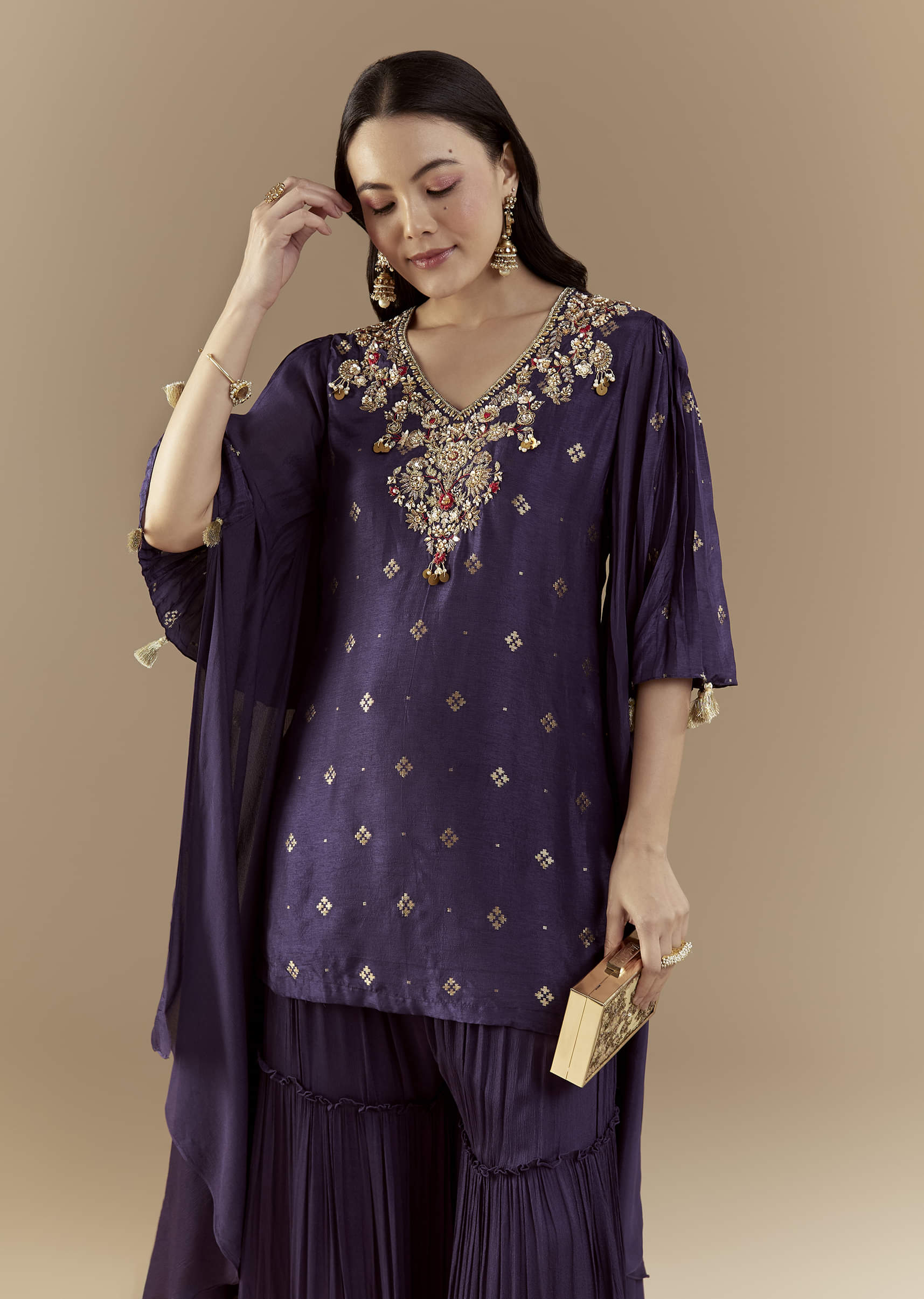 Blue Chinon Silk Sharara Set with Sequin Work - Image 4