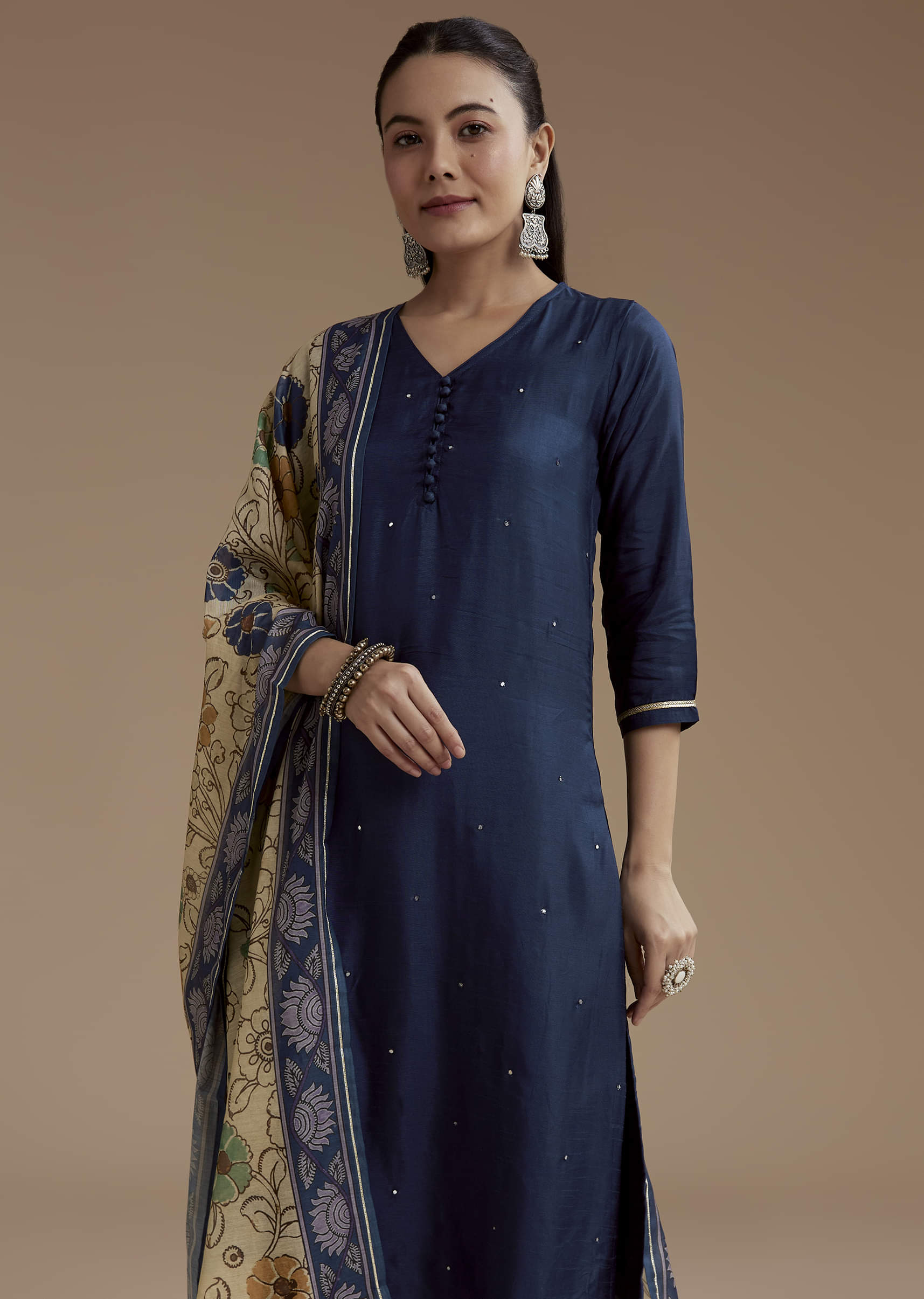 Blue Cotton Foil Mirror Kurta Set with Kalamkari Dupatta - Image 4