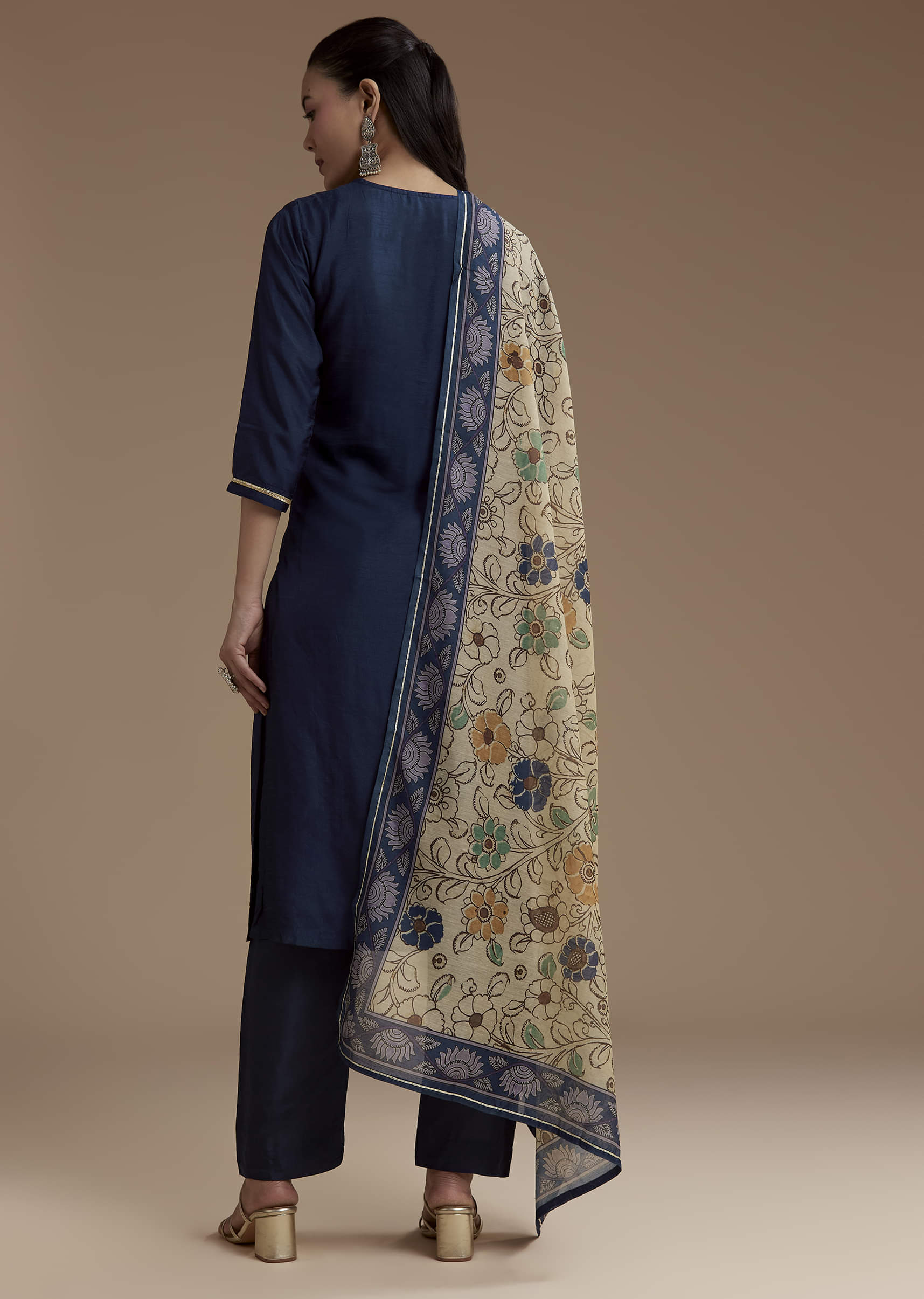 Blue Cotton Foil Mirror Kurta Set with Kalamkari Dupatta - Image 5