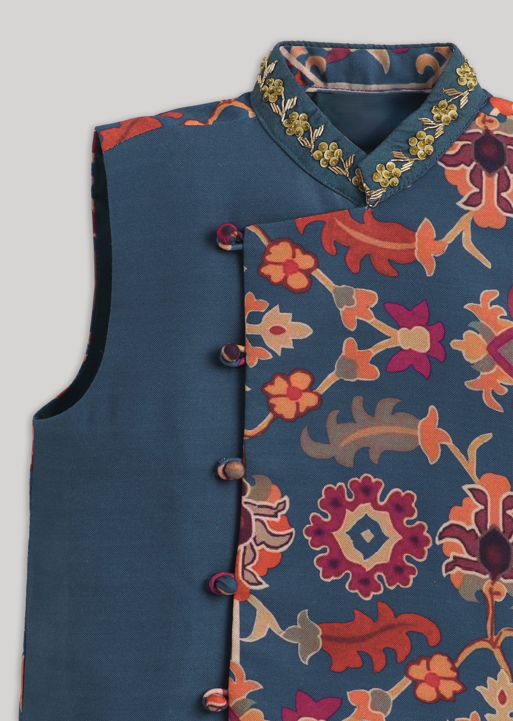 Blue Cotton Kurta Jacket Set With Floral Embroidered Nehru Jacket - Image 7