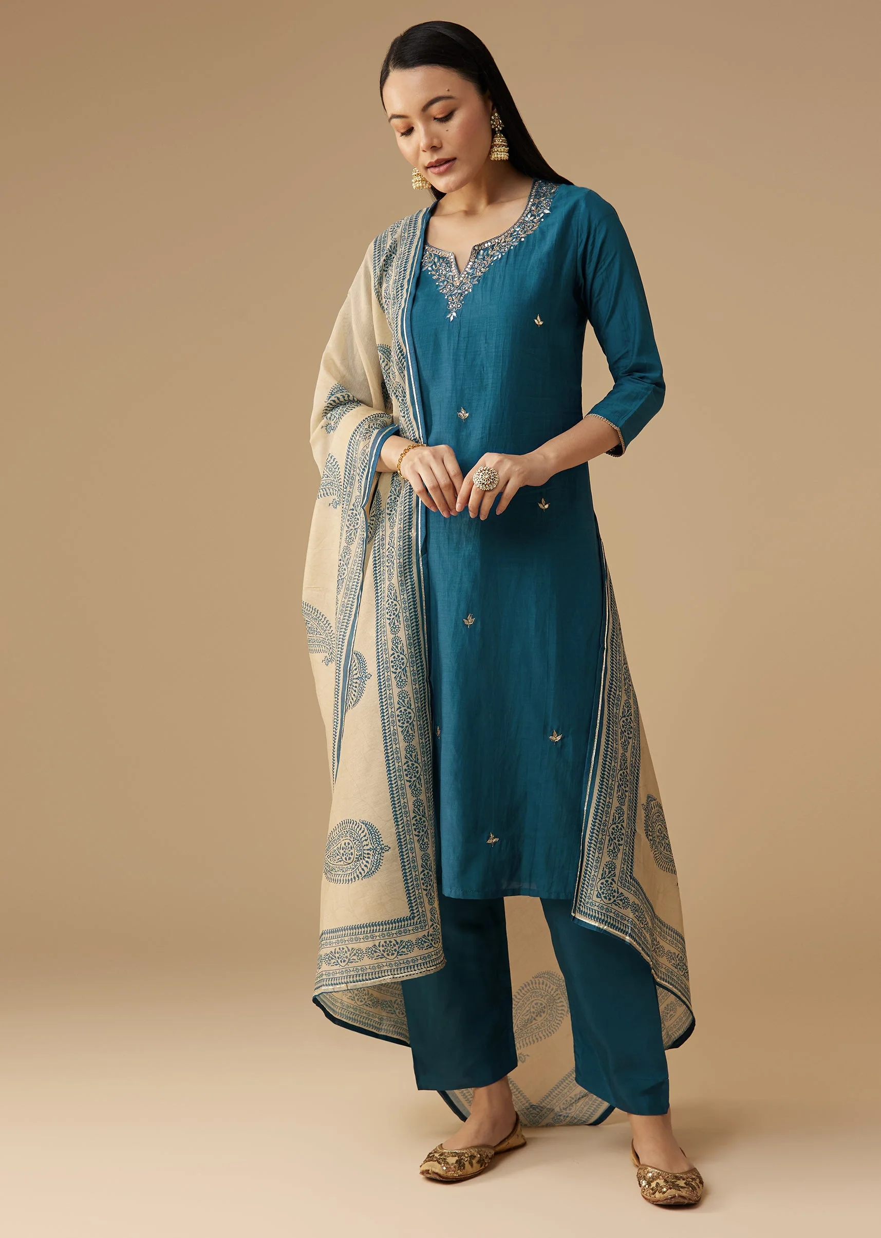 Blue Cotton Silk Gota Embroidered Kurta Set - Image 3