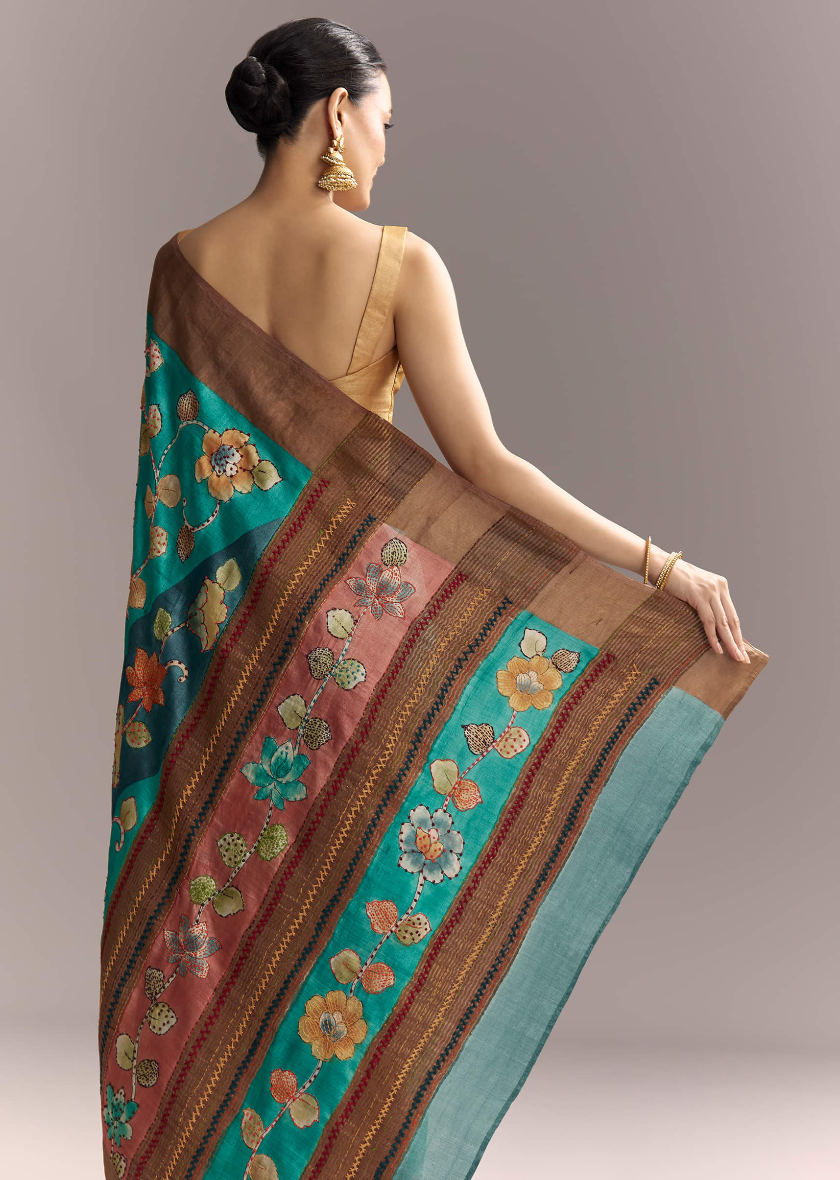 Blue Cotton Silk Hand Painted Saree With Brown Border - Image 6