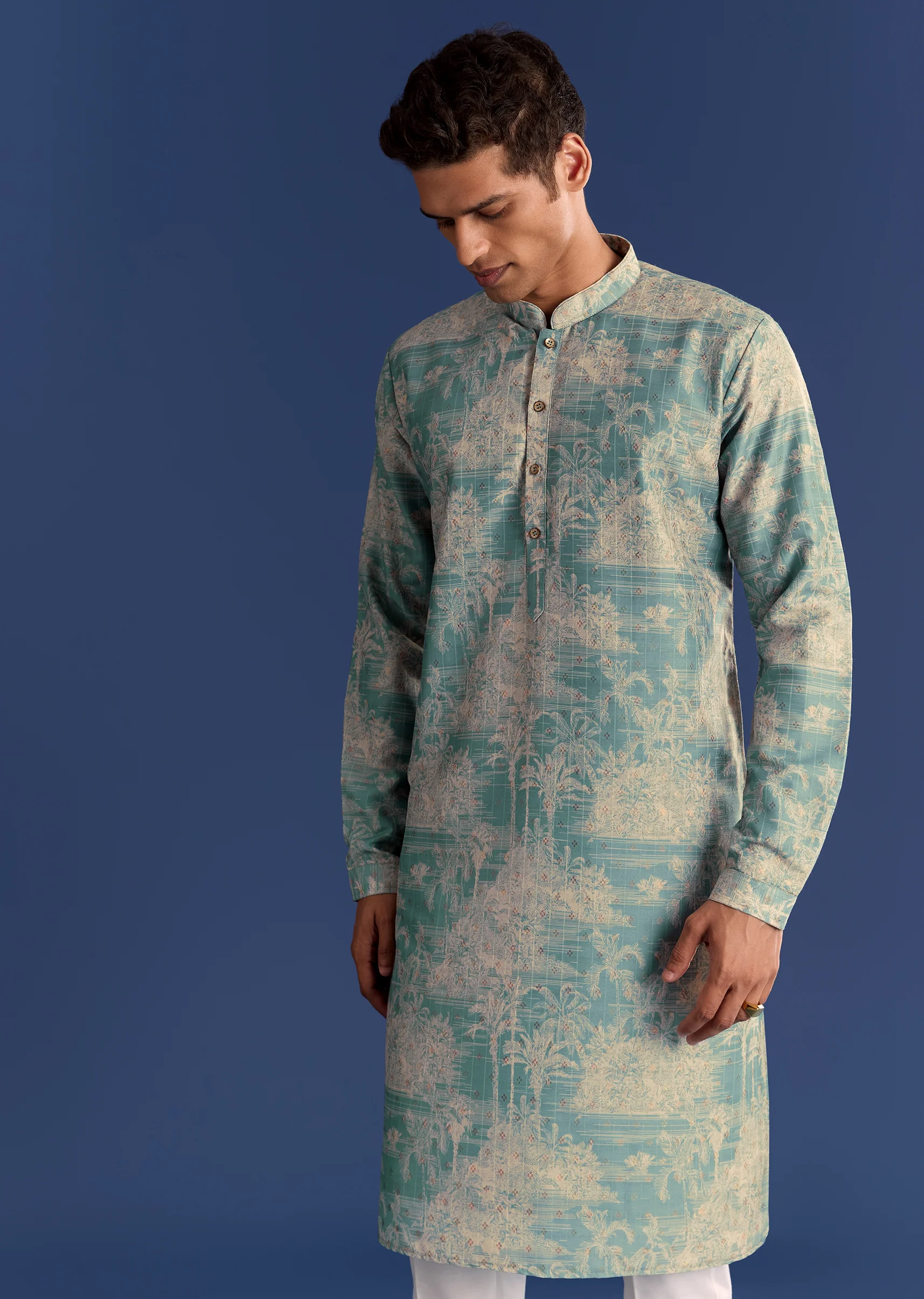 Blue Cotton Silk Kurta Jacket Set With Coastal Print - Image 6