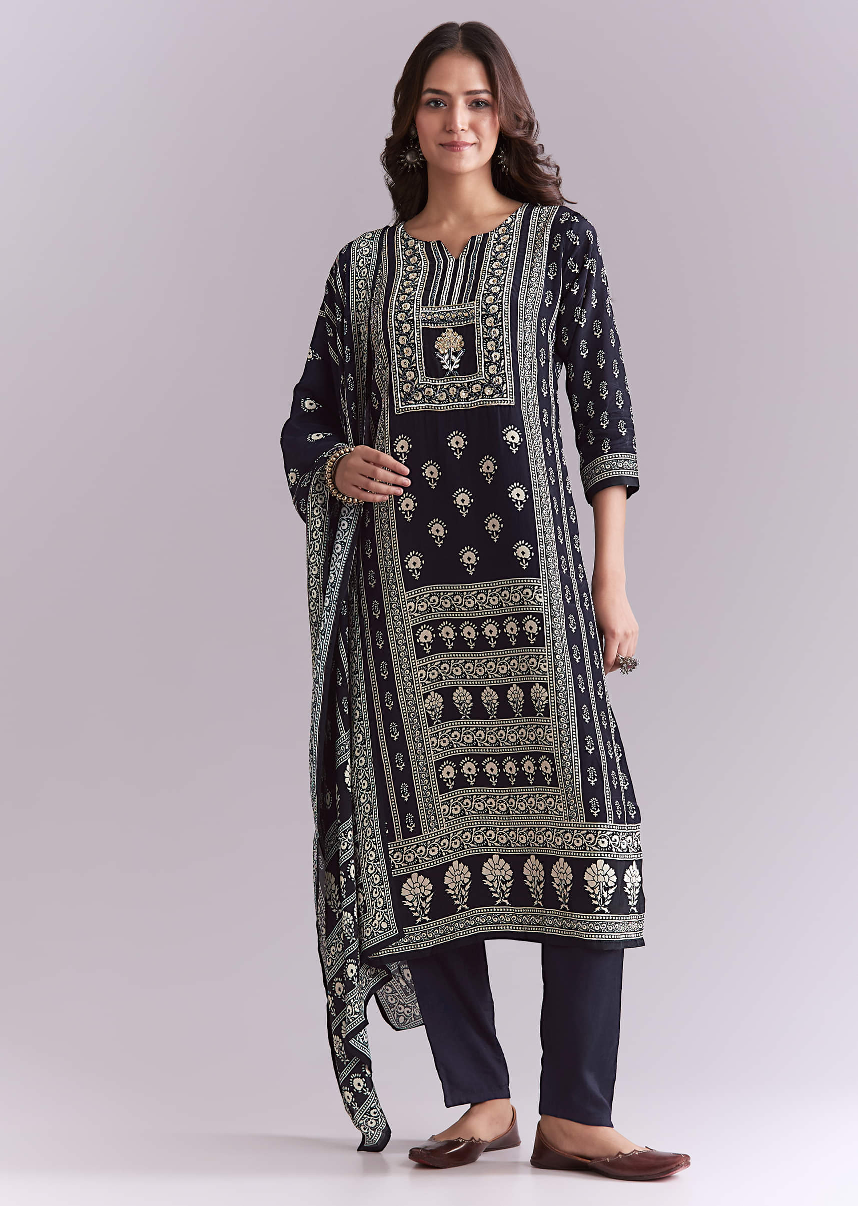 Blue Crepe Kurta Set With Indie Print And Moti Detail - Image 3