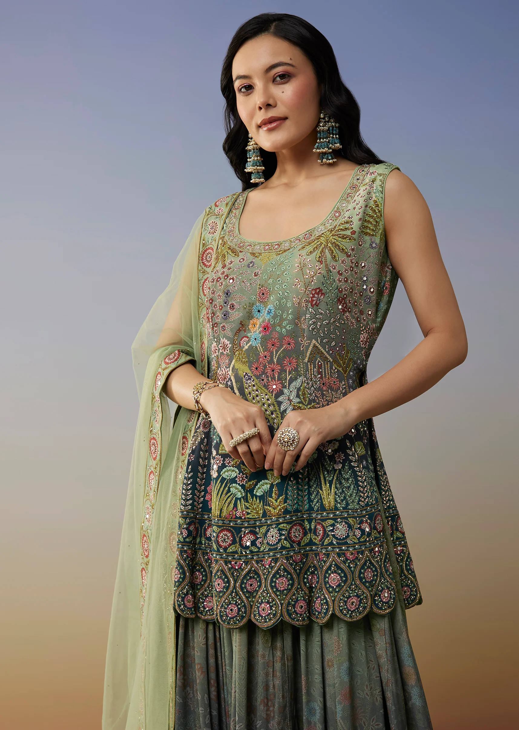 Blue Crepe Palazzo Suits with Ombre Printed Mirror Work - Image 4