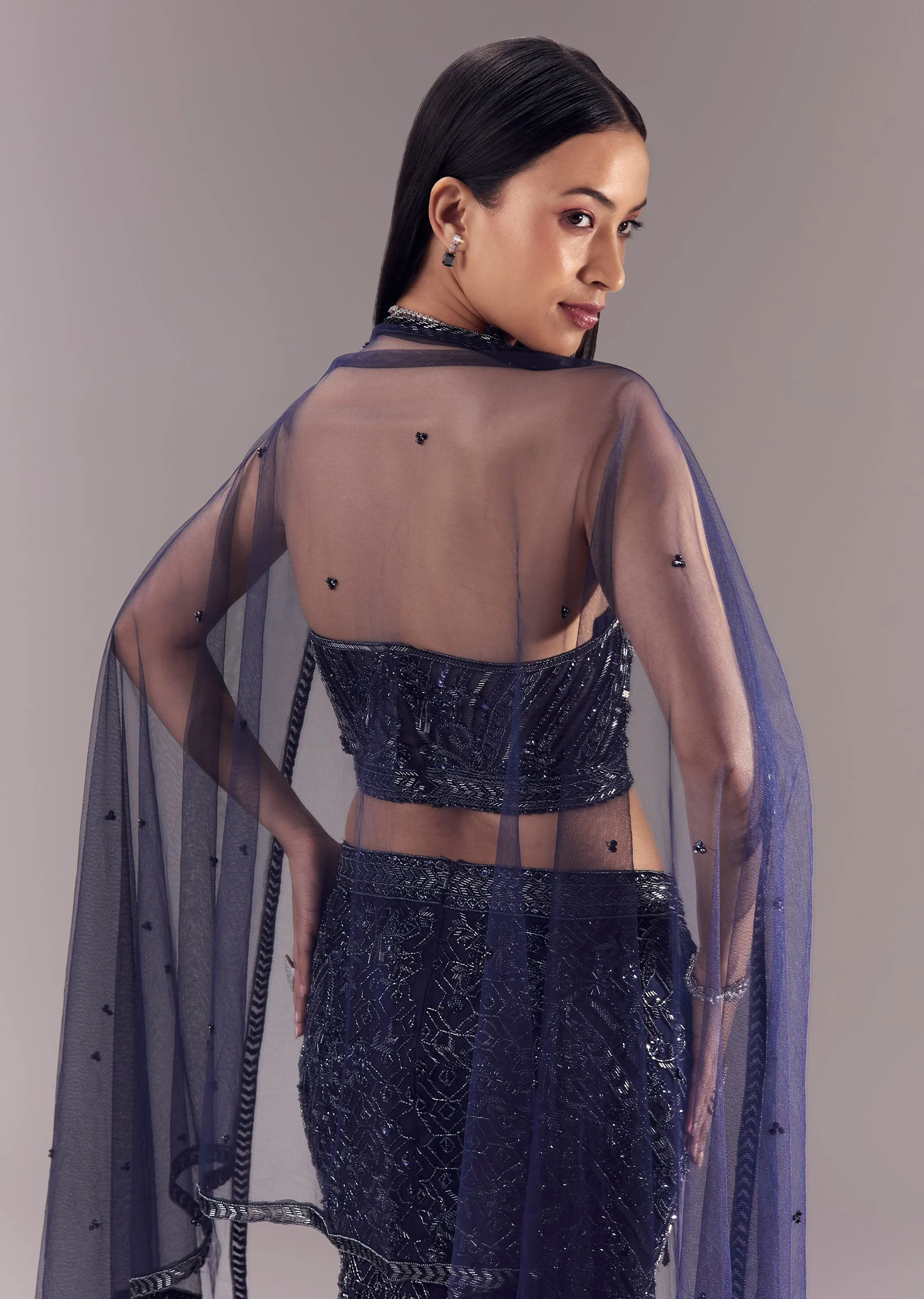 Blue Embellished Fishcut Lehenga with Corset Blouse and Choker Dupatta - Image 5